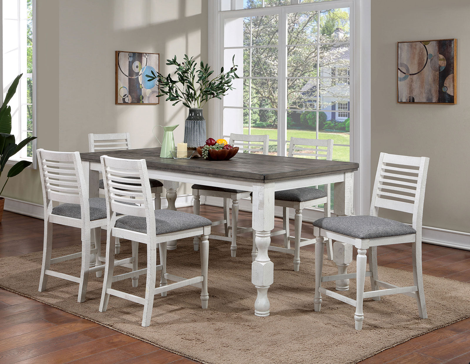 Majestic Rustic Counter Height 2Pc Dining Chairs Set Antique White Solid Wood Gray Fabric Cushions Two Tone Turned Legs High Chair Dining Room Furniture Antique White Gray White Dining Room Rustic,Transitional Dining Chairs Ladder Back Solid Wood