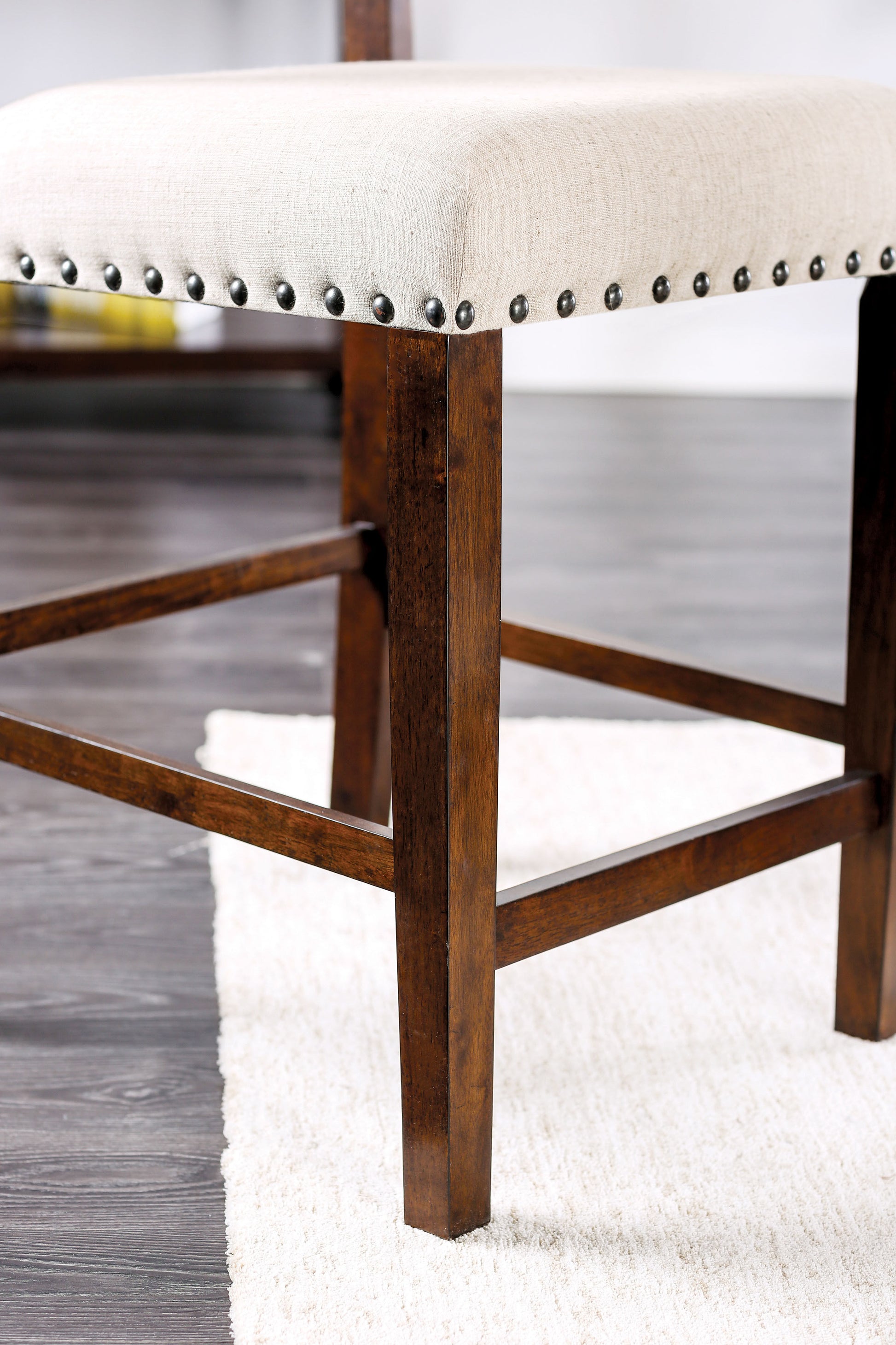 Classic Set Of 2Pc Counter Height Dining Chairs Ivory Fabric Padded Linen Chairs Upholstered Cushion High Chairs Trim Kitchen Dining Room Solid Wood Brown Cherry Ivory Brown Dining Room Industrial,Transitional Dining Chairs Solid Back Solid Wood