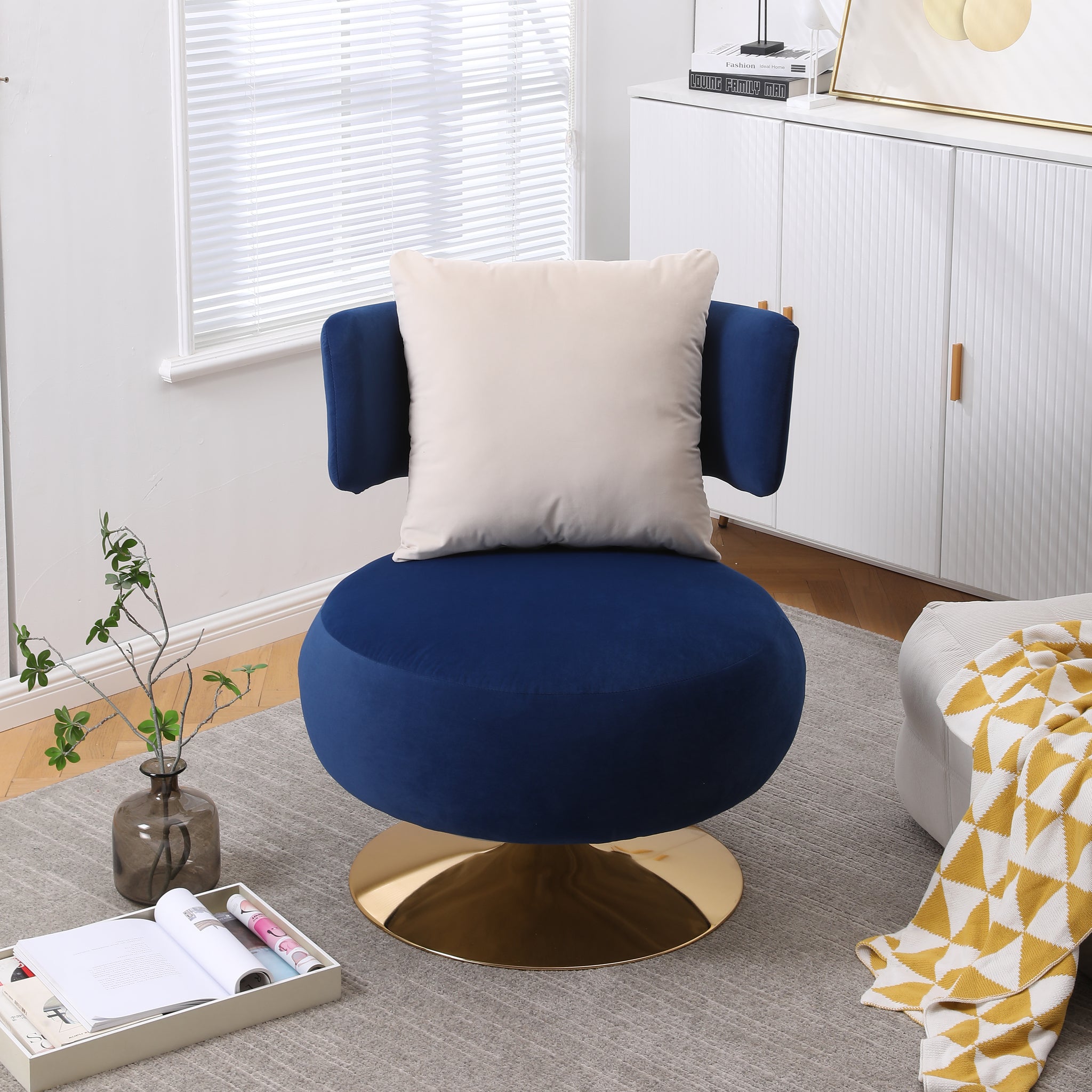 Swivel Accent Chair Armchair, Round Barrel Chair In Fabric For Living Room Bedroom Navy Primary Living Space American Design Foam Velvet
