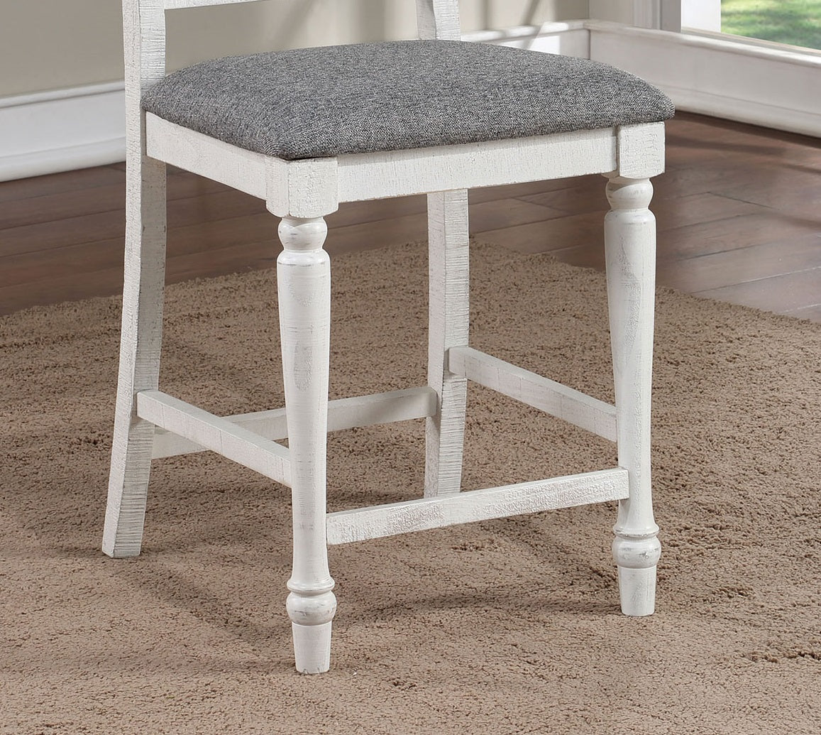 Majestic Rustic Counter Height 2Pc Dining Chairs Set Antique White Solid Wood Gray Fabric Cushions Two Tone Turned Legs High Chair Dining Room Furniture Antique White Gray White Dining Room Rustic,Transitional Dining Chairs Ladder Back Solid Wood