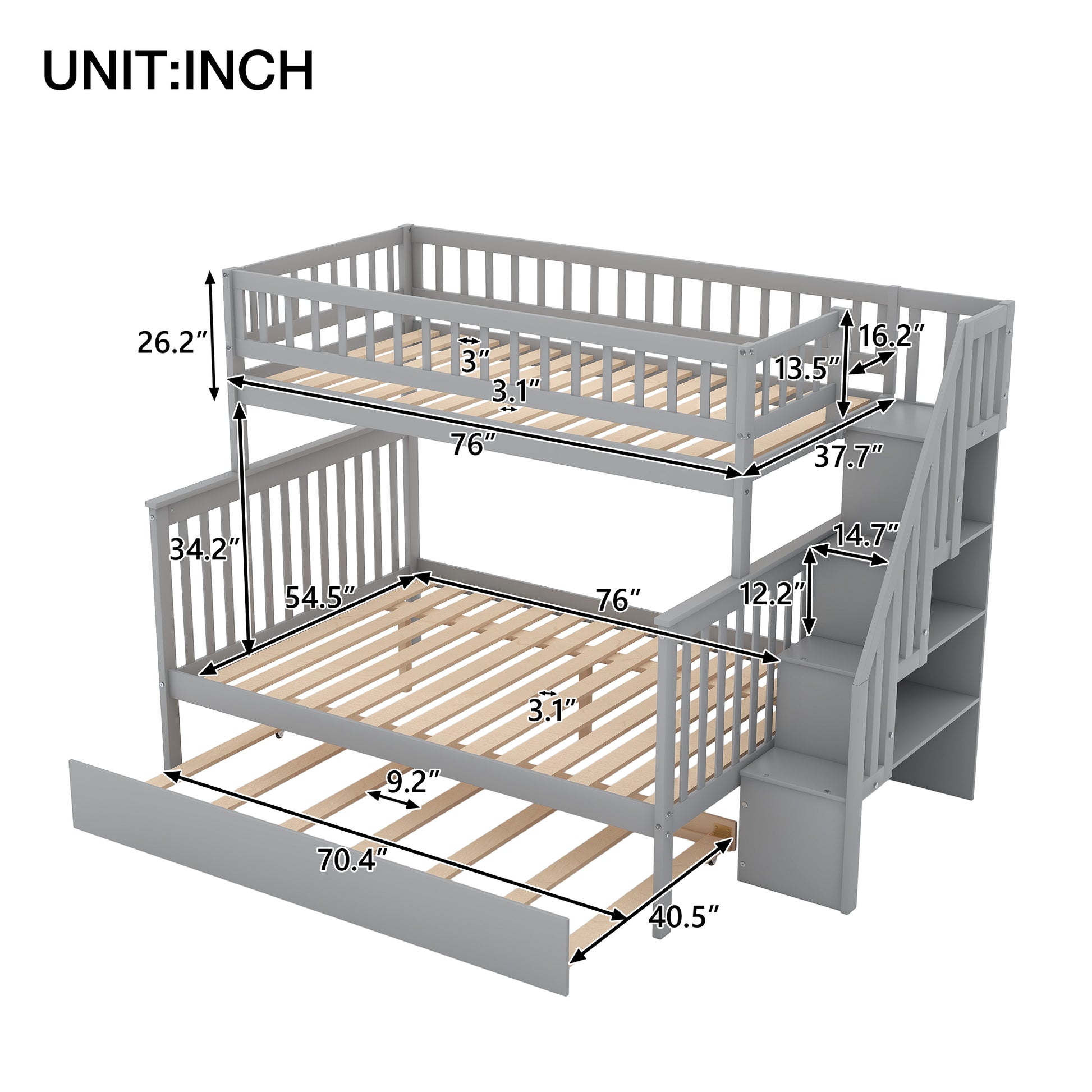 Twin Over Full Bunk Bed With Trundle And Staircase,Gray Twin Gray Pine