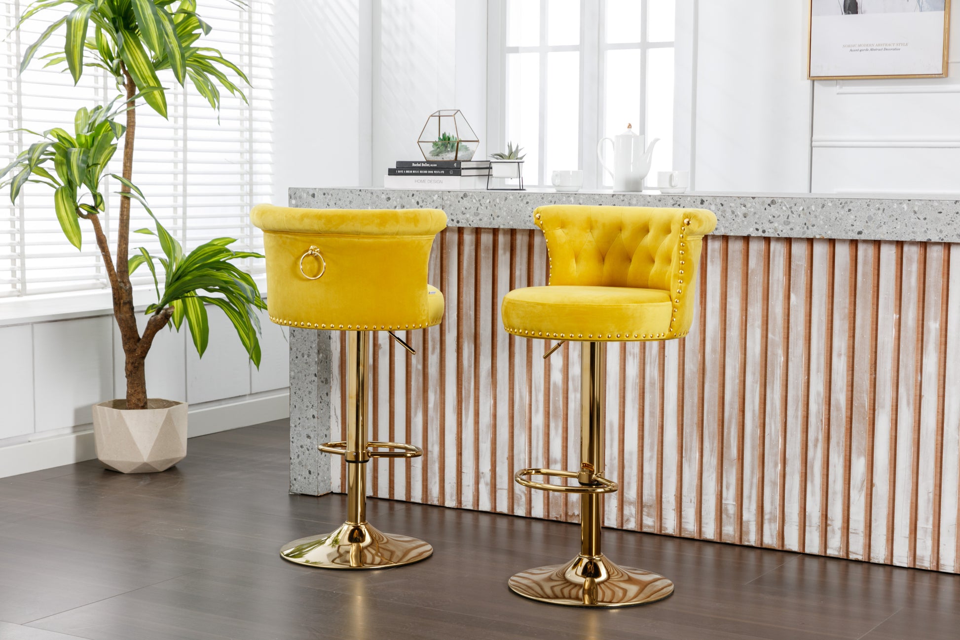 Coolmore Swivel Bar Stools Set Of 2 Adjustable Counter Height Chairs With Footrest For Kitchen, Dining Room 2Pc Set Yellow Velvet