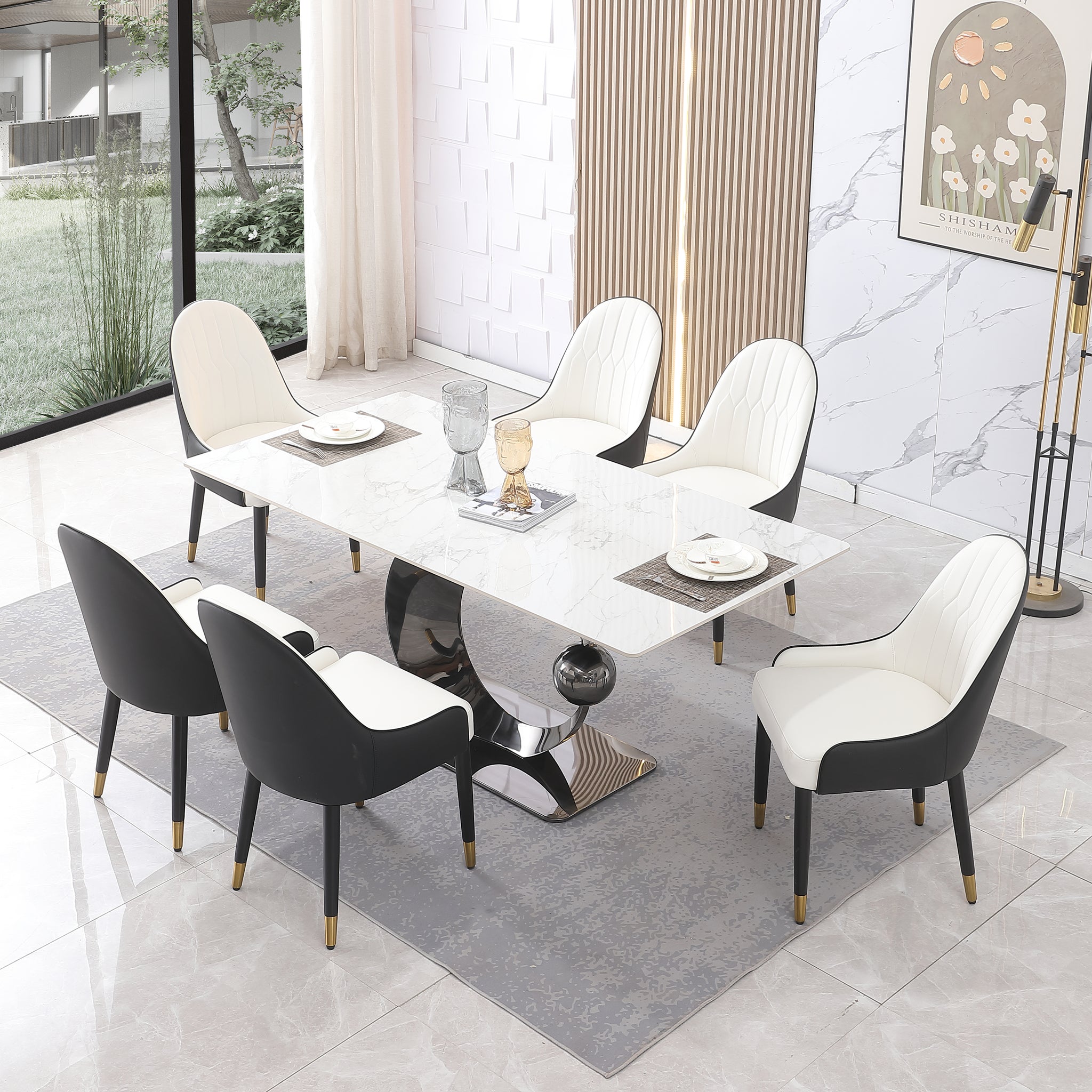 71 Inch Stone Diningtable With Carrara White Color And Round Special Shape Carbon Steel Pedestal Base With 6Pcs Chairs Black Dining Room Modern Square Stone Sintered Stone