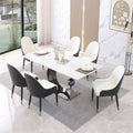 71 Inch Stone Diningtable With Carrara White Color And Round Special Shape Carbon Steel Pedestal Base With 6Pcs Chairs Black Dining Room Modern Square Stone Sintered Stone