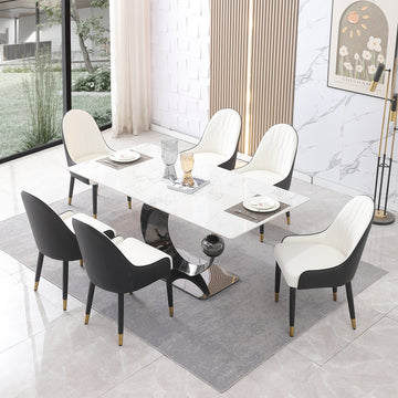 71 Inch Stone Diningtable With Carrara White Color And Round Special Shape Carbon Steel Pedestal Base With 6Pcs Chairs Black Dining Room Modern Square Stone Sintered Stone