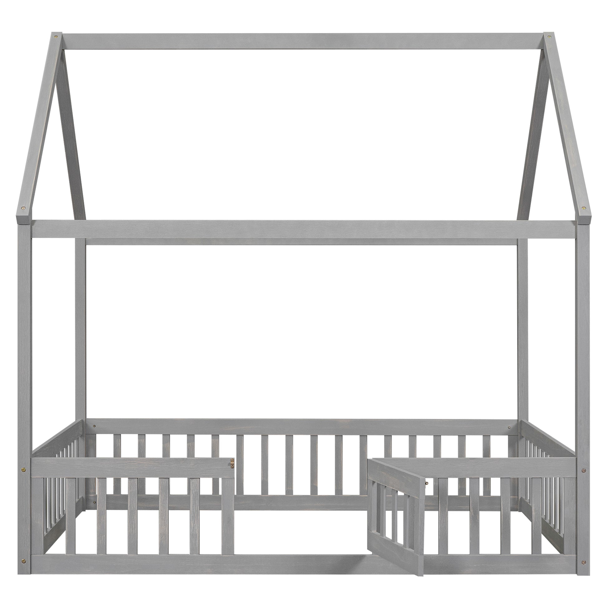 Full Size Wood House Bed With Fence And Door, Gray Wash Gray Pine