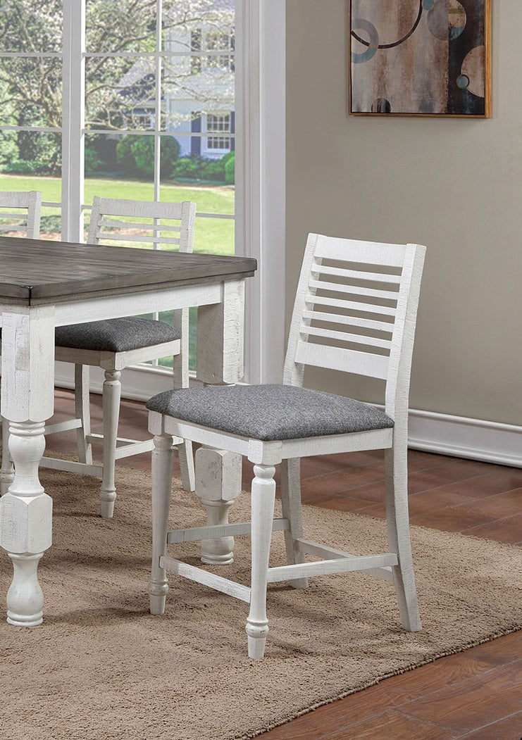 Majestic Rustic Counter Height 2Pc Dining Chairs Set Antique White Solid Wood Gray Fabric Cushions Two Tone Turned Legs High Chair Dining Room Furniture Antique White Gray White Dining Room Rustic,Transitional Dining Chairs Ladder Back Solid Wood