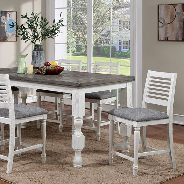 Majestic Rustic Counter Height 2Pc Dining Chairs Set Antique White Solid Wood Gray Fabric Cushions Two Tone Turned Legs High Chair Dining Room Furniture Antique White Gray White Dining Room Rustic,Transitional Dining Chairs Ladder Back Solid Wood