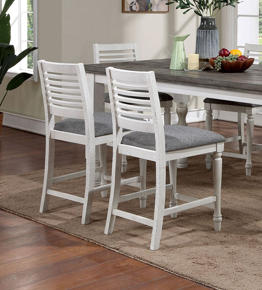Majestic Rustic Counter Height 2Pc Dining Chairs Set Antique White Solid Wood Gray Fabric Cushions Two Tone Turned Legs High Chair Dining Room Furniture Antique White Gray White Dining Room Rustic,Transitional Dining Chairs Ladder Back Solid Wood