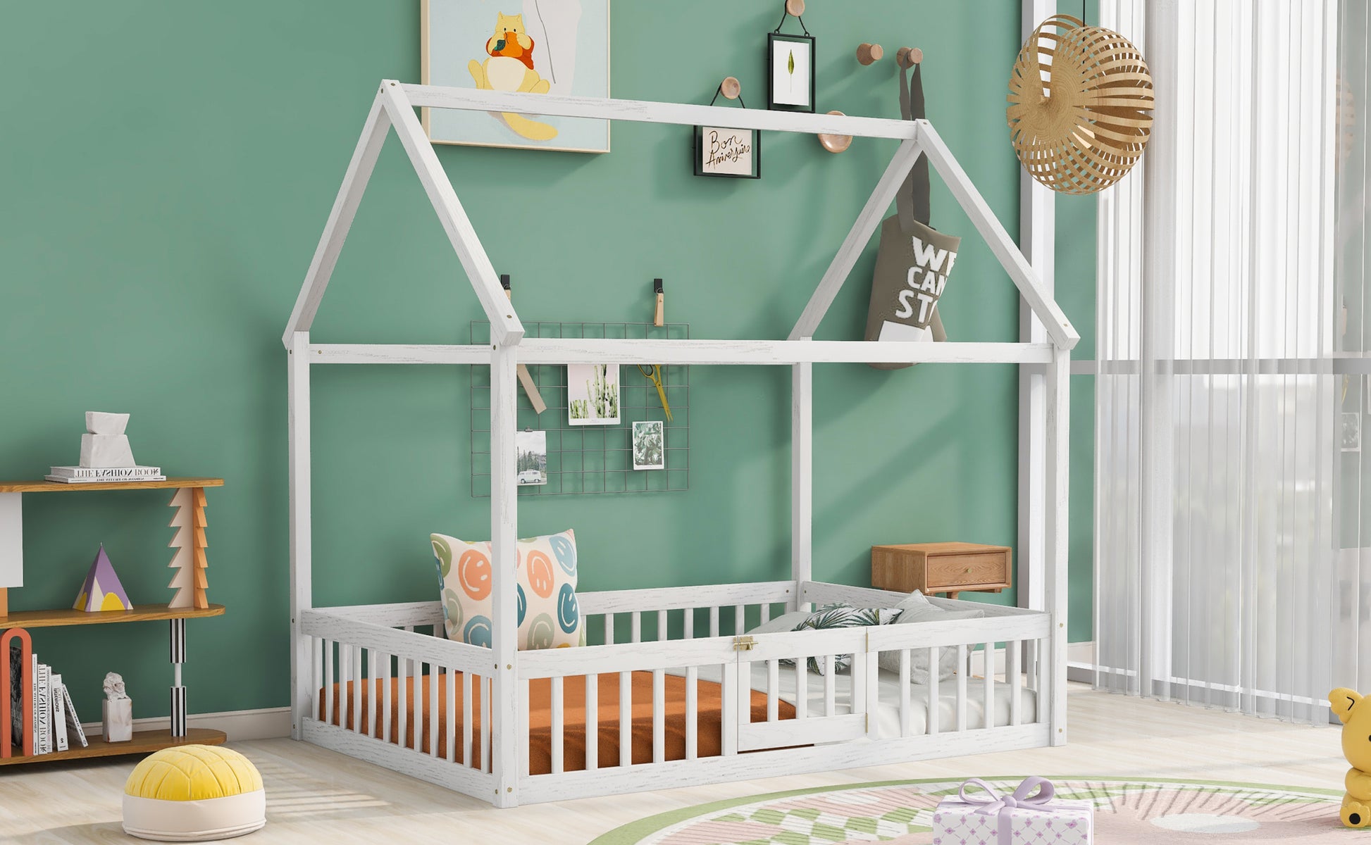 Full Size Wood House Bed With Fence And Door, White Wash White Pine