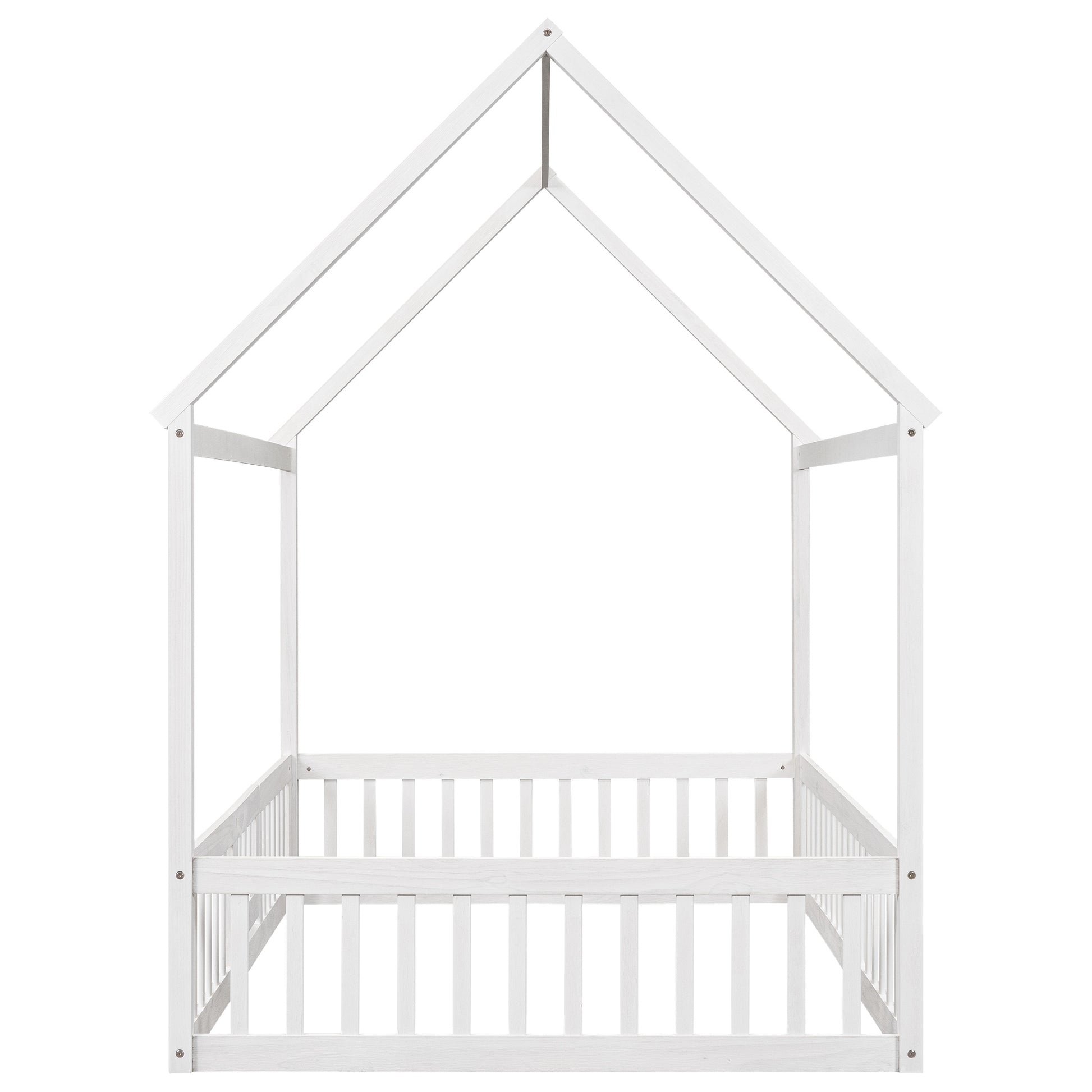 Full Size Wood House Bed With Fence And Door, White Wash White Pine