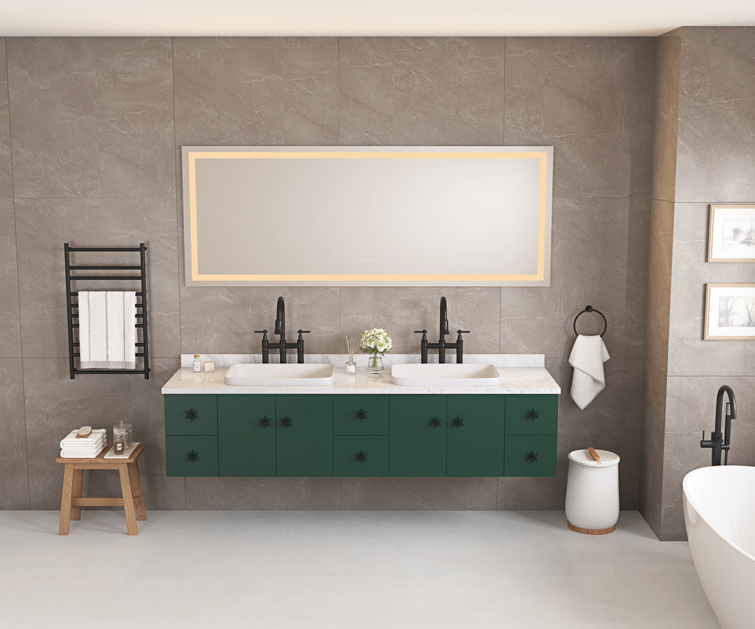 84*30Led Lighted Bathroom Wall Mounted Mirror With High Lumen Anti Fog Separately Control Dimmer Function White Aluminium