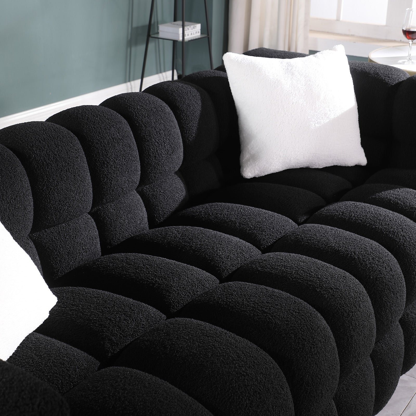 62.2Length ,35.83" Deepth ,Human Body Structure For Usa People, Marshmallow Sofa,Boucle Sofa ,Black Color, 2 Seater Black Light Brown Wood Primary Living Space Medium Soft Split Back Eucalyptus Square Arms Boucle 2 Seat