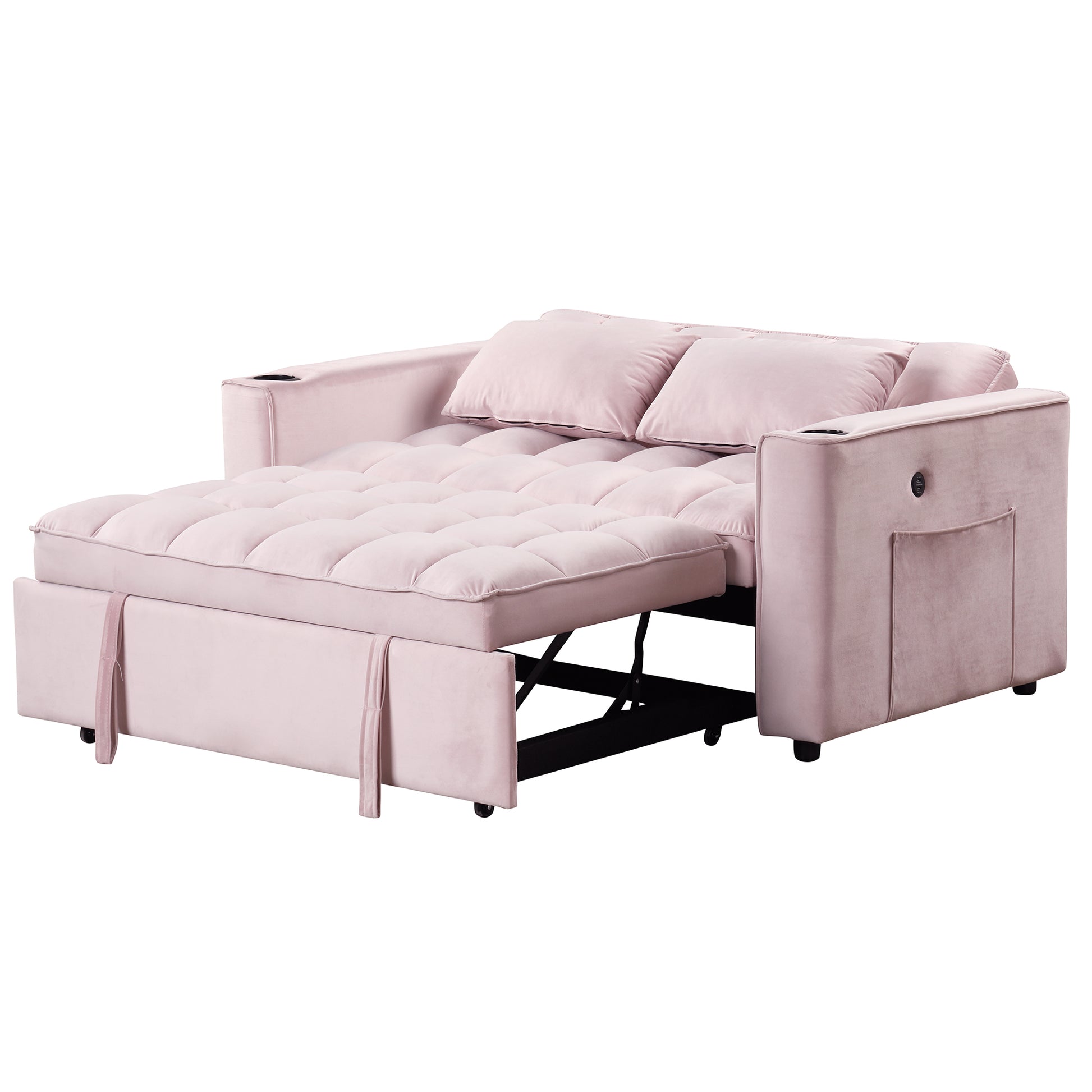 58" 4 1 Multi Functional Sofa Bed With Cup Holder And Usb Port For Living Room Or Apartments Pink Pink Foam 2 Seat