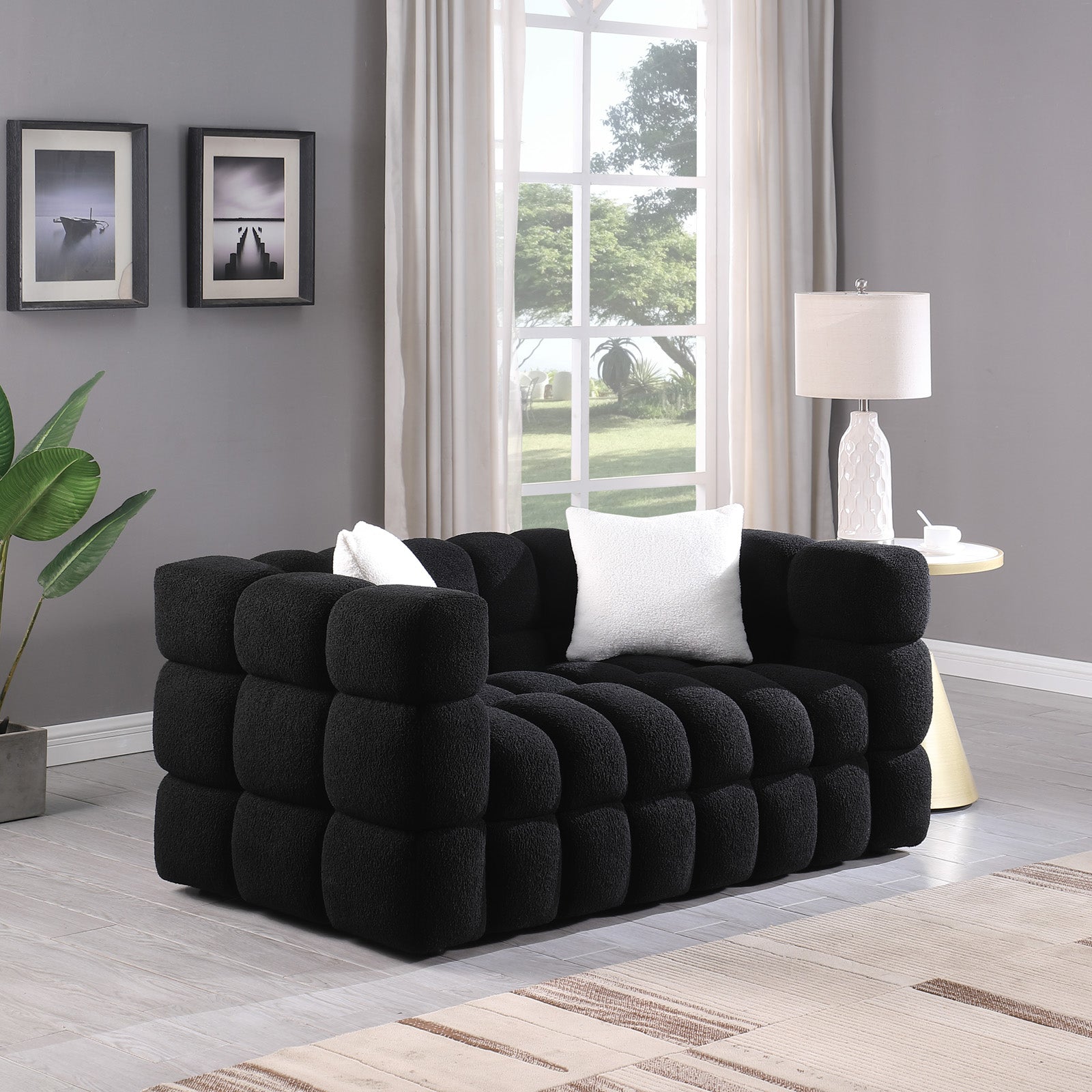 84.3 62.2 Length ,35.83" Deepth ,Human Body Structure For Usa People, Marshmallow Sofa,Boucle Sofa ,White Color,3 Seater. Sofa And Seater Black Light Brown Wood Primary Living Space Medium Soft Split Back Eucalyptus Square Arms Boucle 5 Seat