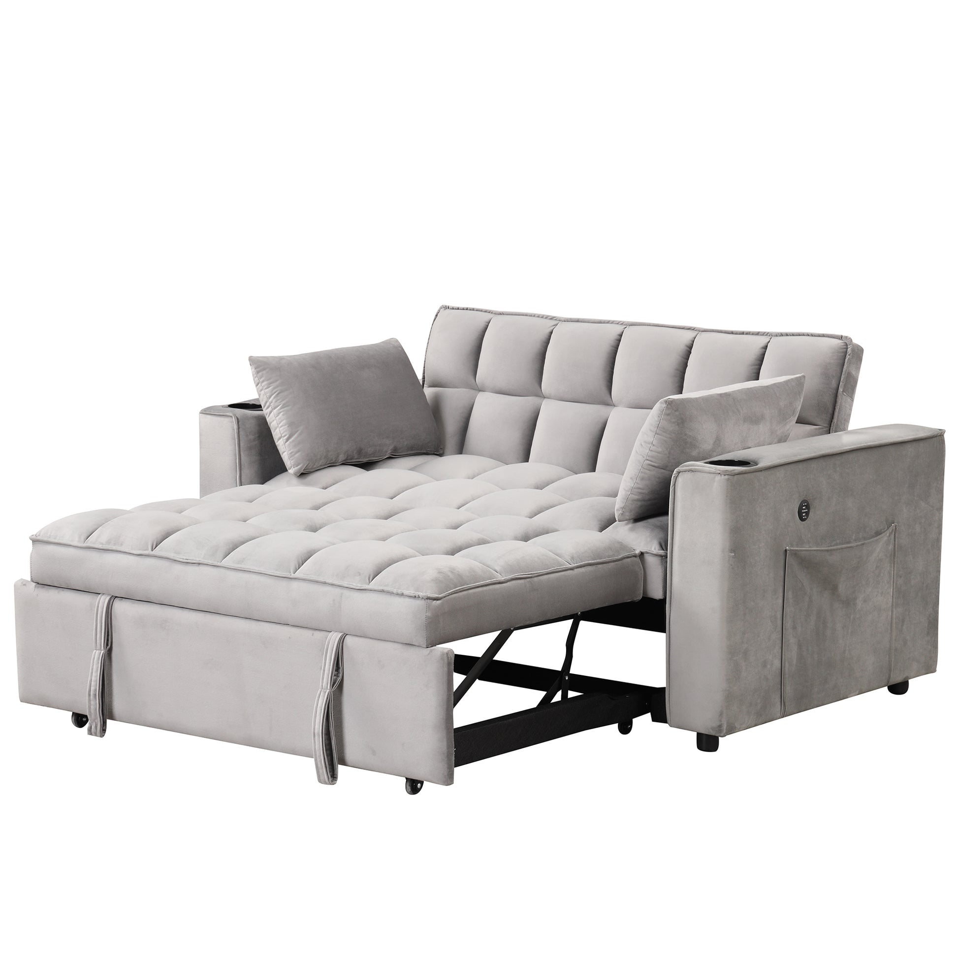 58" 4 1 Multi Functional Sofa Bed With Cup Holder And Usb Port For Living Room Or Apartments, Gray Gray Foam 2 Seat