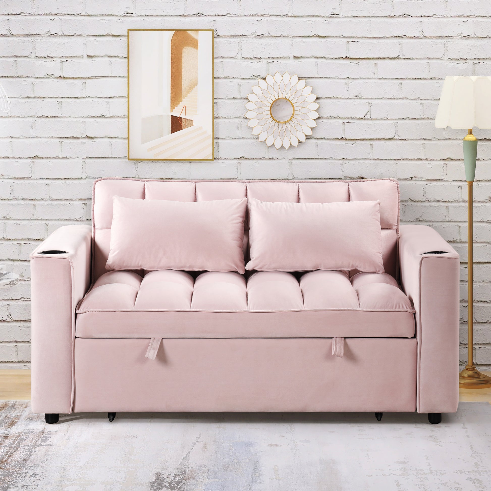 58" 4 1 Multi Functional Sofa Bed With Cup Holder And Usb Port For Living Room Or Apartments Pink Pink Foam 2 Seat