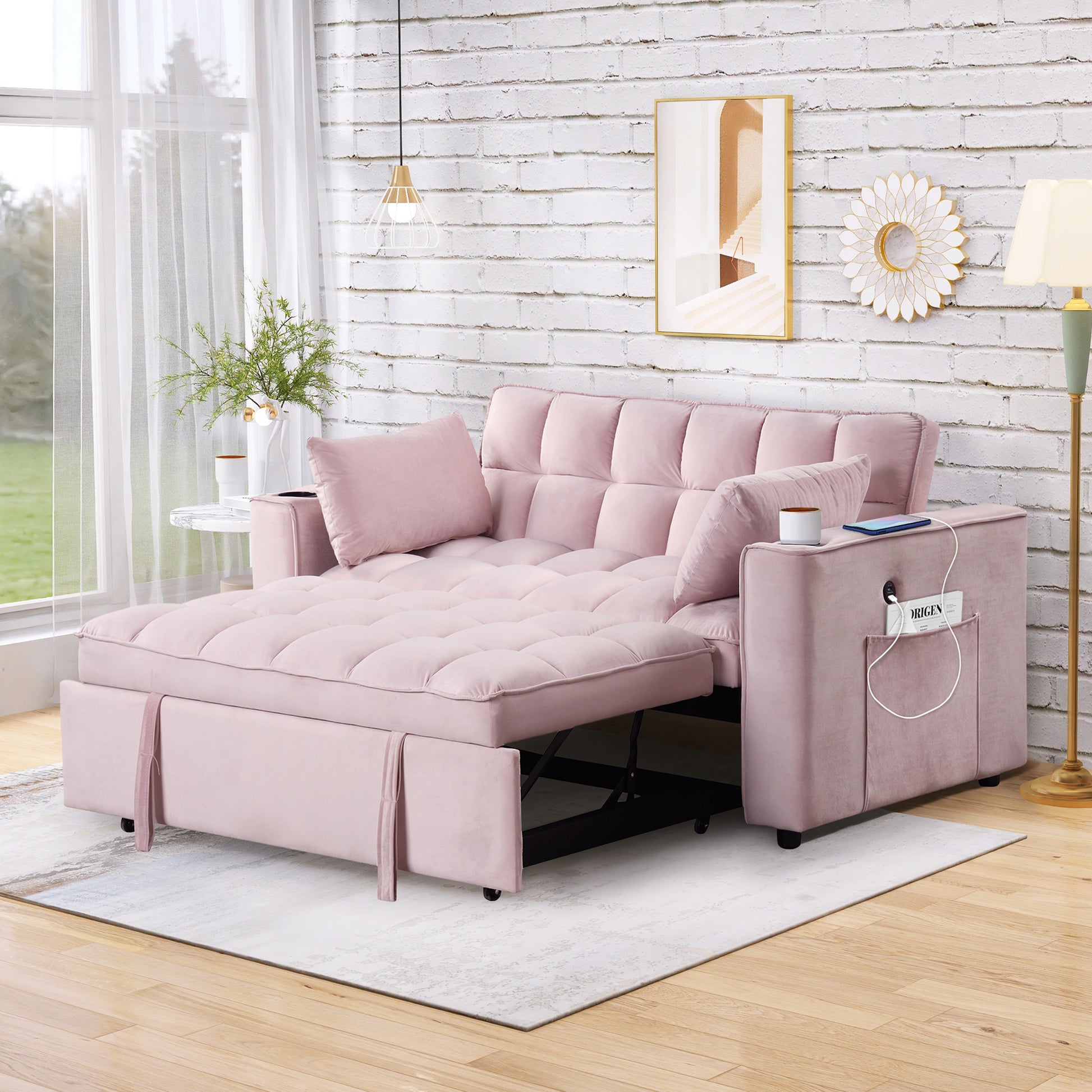 58" 4 1 Multi Functional Sofa Bed With Cup Holder And Usb Port For Living Room Or Apartments Pink Pink Foam 2 Seat