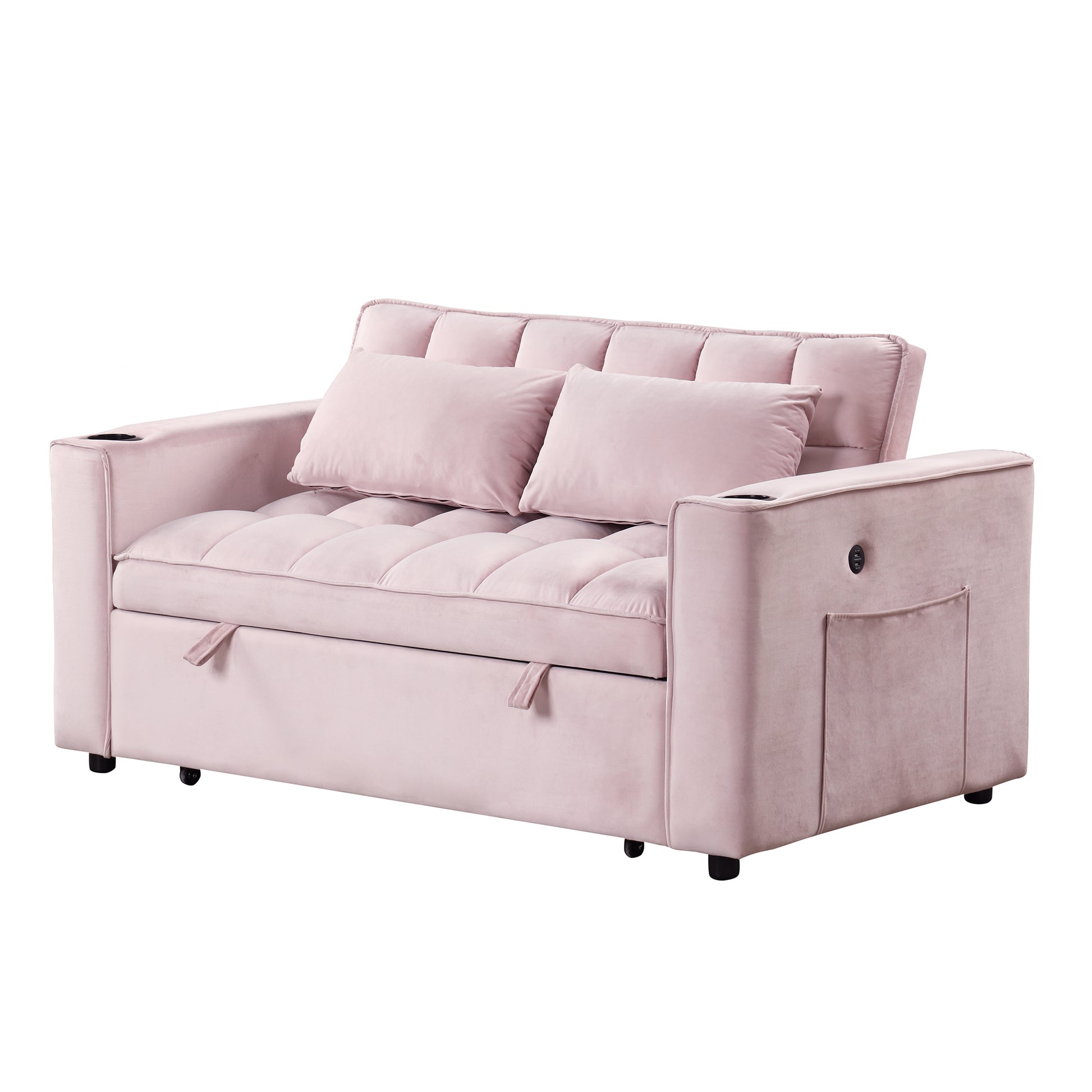 58" 4 1 Multi Functional Sofa Bed With Cup Holder And Usb Port For Living Room Or Apartments Pink Pink Foam 2 Seat