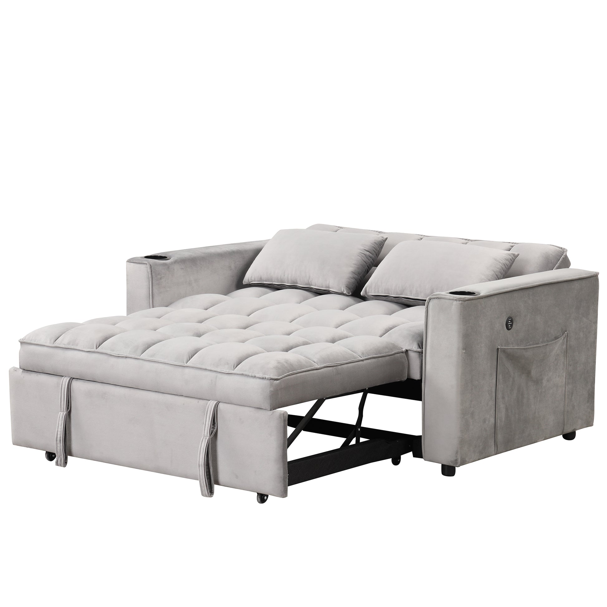 58" 4 1 Multi Functional Sofa Bed With Cup Holder And Usb Port For Living Room Or Apartments, Gray Gray Foam 2 Seat