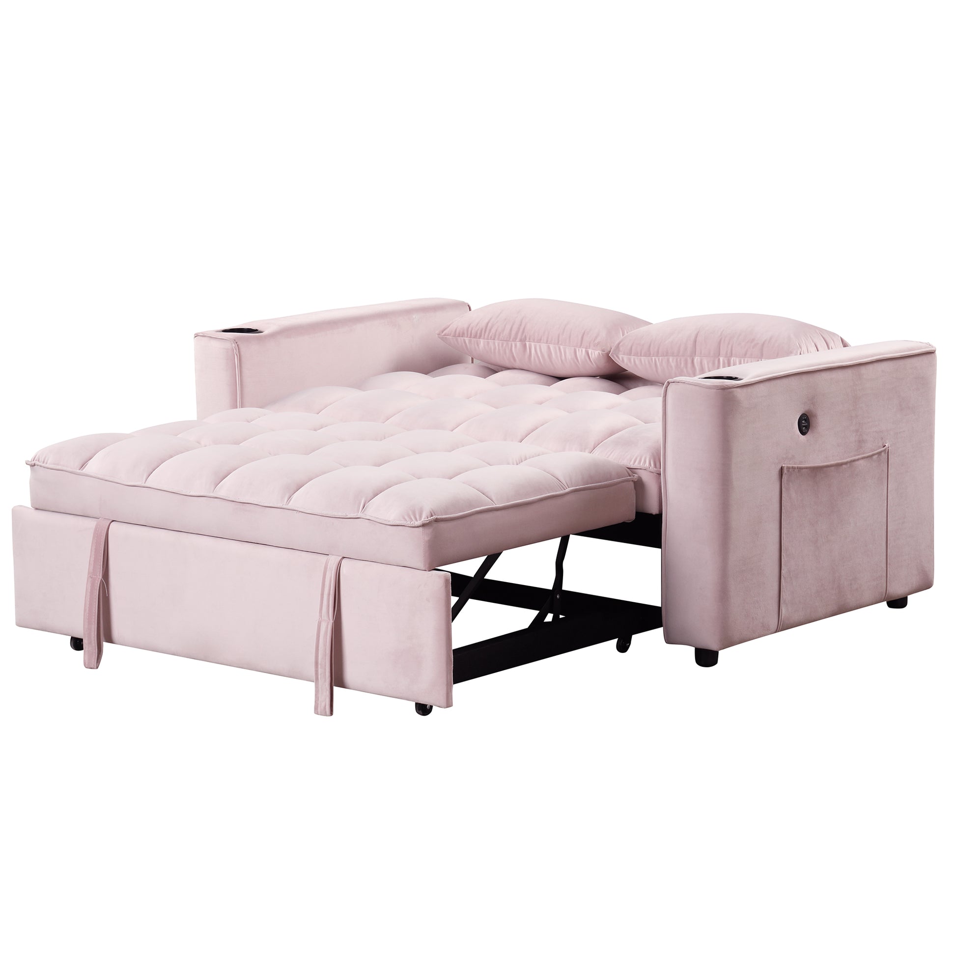 58" 4 1 Multi Functional Sofa Bed With Cup Holder And Usb Port For Living Room Or Apartments Pink Pink Foam 2 Seat