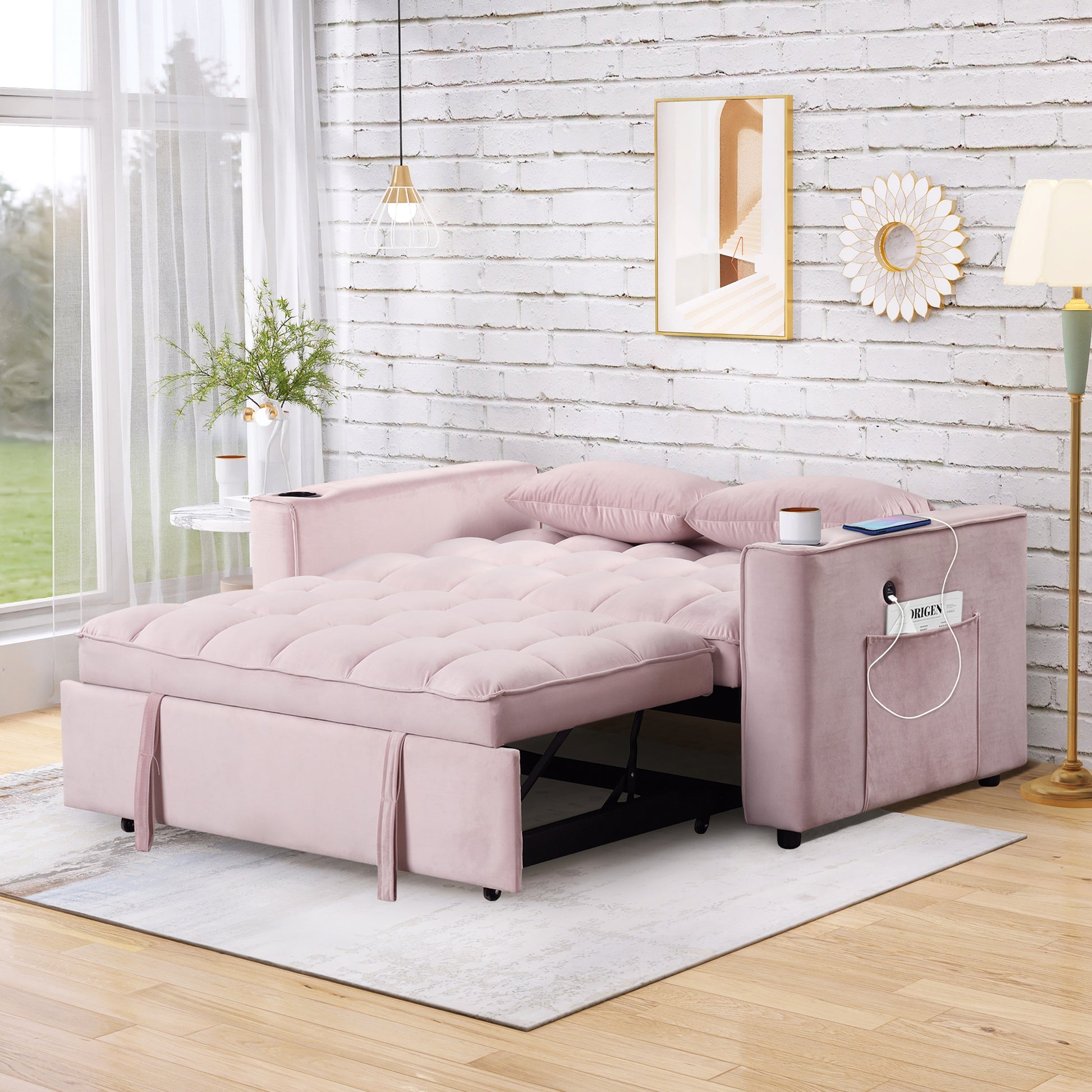 58" 4 1 Multi Functional Sofa Bed With Cup Holder And Usb Port For Living Room Or Apartments Pink Pink Foam 2 Seat