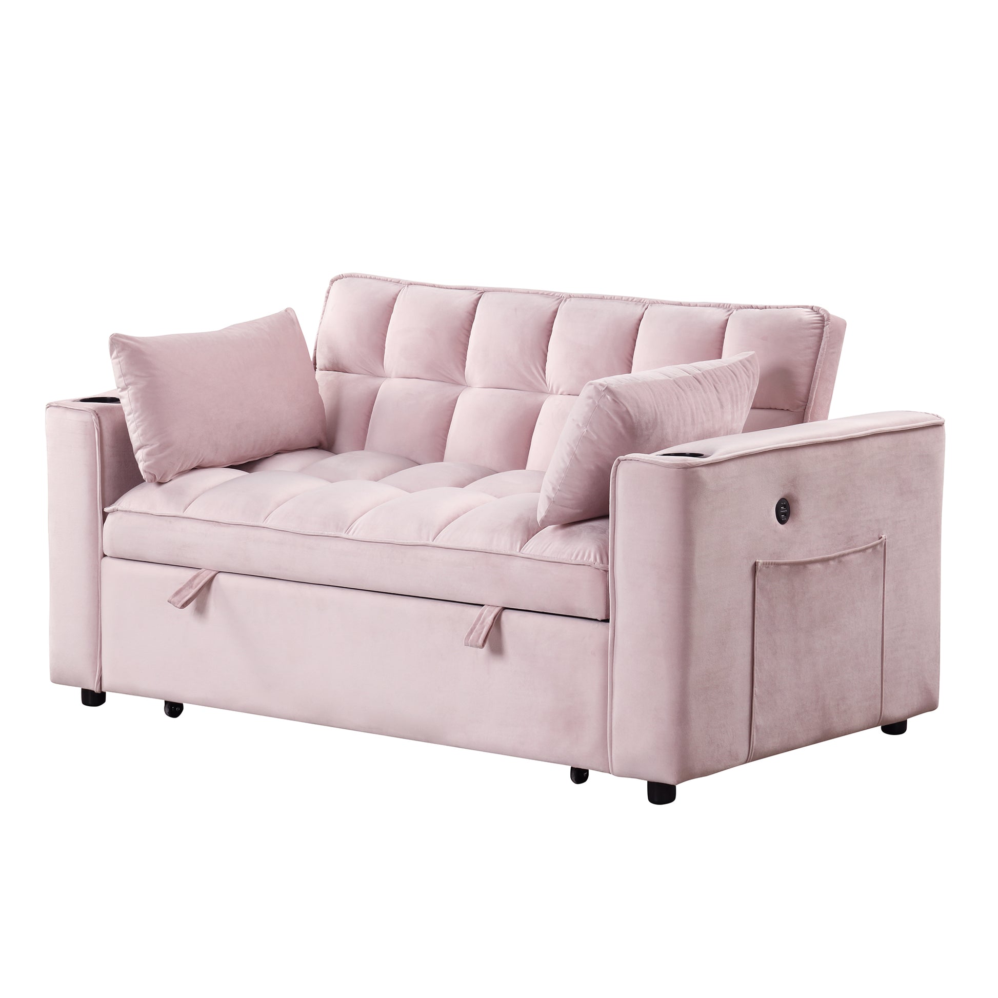 58" 4 1 Multi Functional Sofa Bed With Cup Holder And Usb Port For Living Room Or Apartments Pink Pink Foam 2 Seat