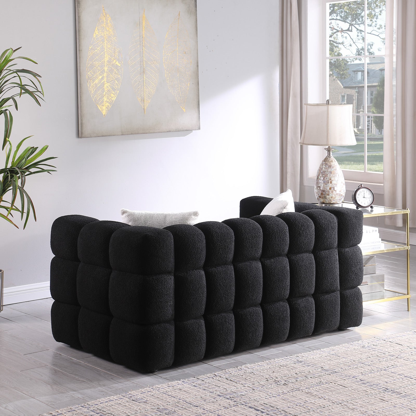 62.2Length ,35.83" Deepth ,Human Body Structure For Usa People, Marshmallow Sofa,Boucle Sofa ,Black Color, 2 Seater Black Light Brown Wood Primary Living Space Medium Soft Split Back Eucalyptus Square Arms Boucle 2 Seat