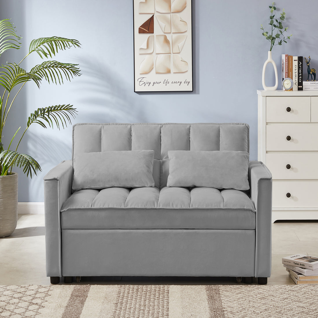 Grey Velvet Loveseat Sofa Bed 7Cm Legs Grey Wood Tufted Back Square Arms Foam Velvet 2 Seat
