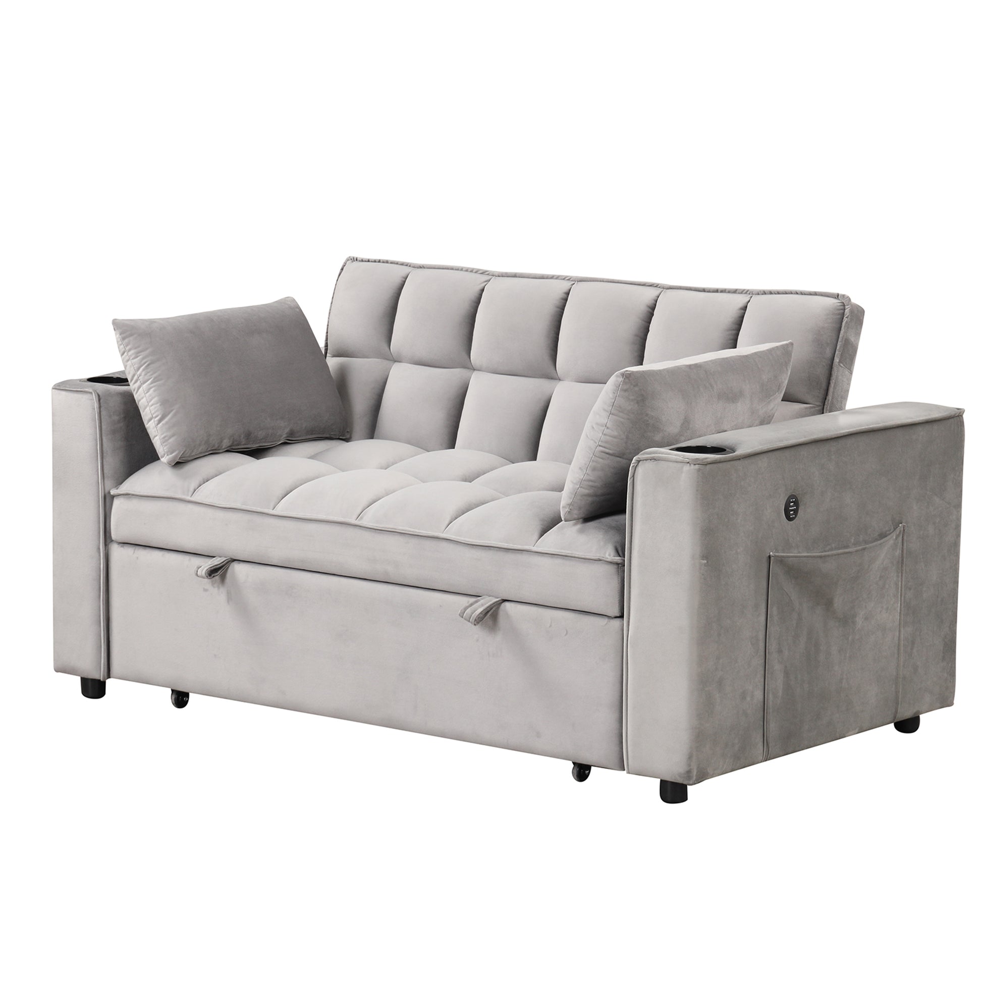 58" 4 1 Multi Functional Sofa Bed With Cup Holder And Usb Port For Living Room Or Apartments, Gray Gray Foam 2 Seat