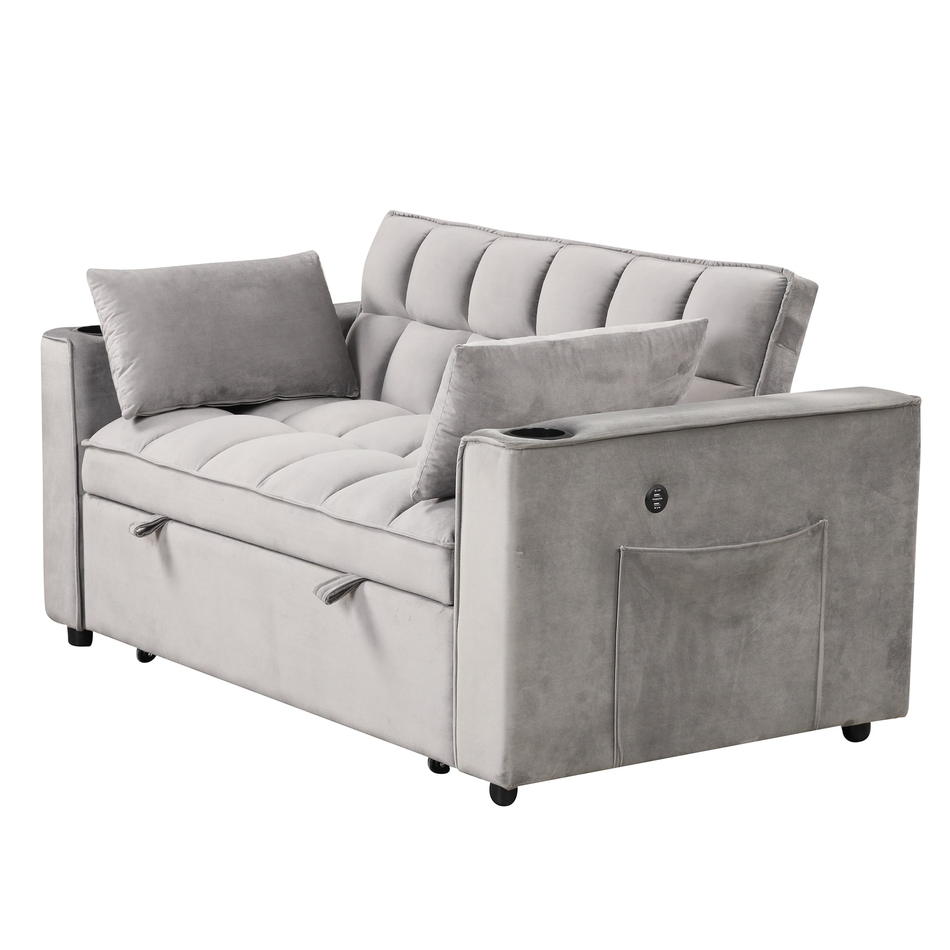 58" 4 1 Multi Functional Sofa Bed With Cup Holder And Usb Port For Living Room Or Apartments, Gray Gray Foam 2 Seat
