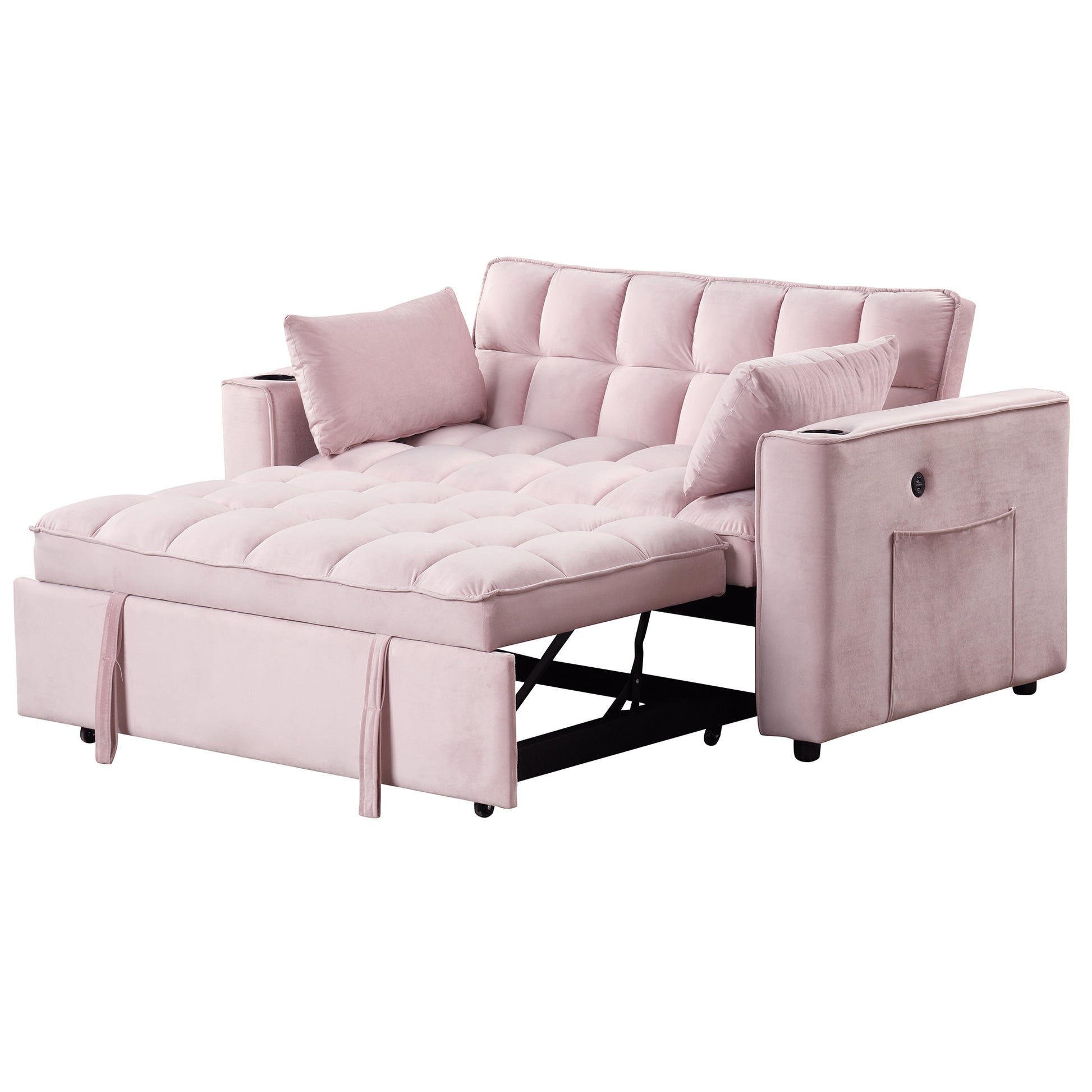 58" 4 1 Multi Functional Sofa Bed With Cup Holder And Usb Port For Living Room Or Apartments Pink Pink Foam 2 Seat