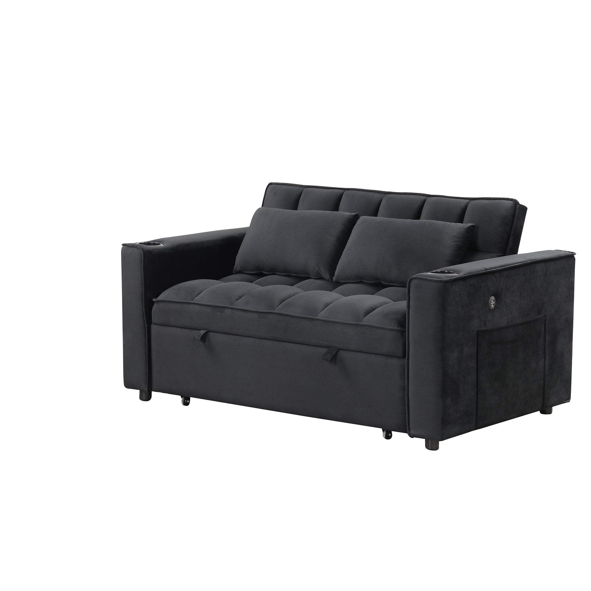 58" 4 1 Multi Functional Sofa Bed With Cup Holder And Usb Port For Living Room Or Apartments Black Black Foam 2 Seat
