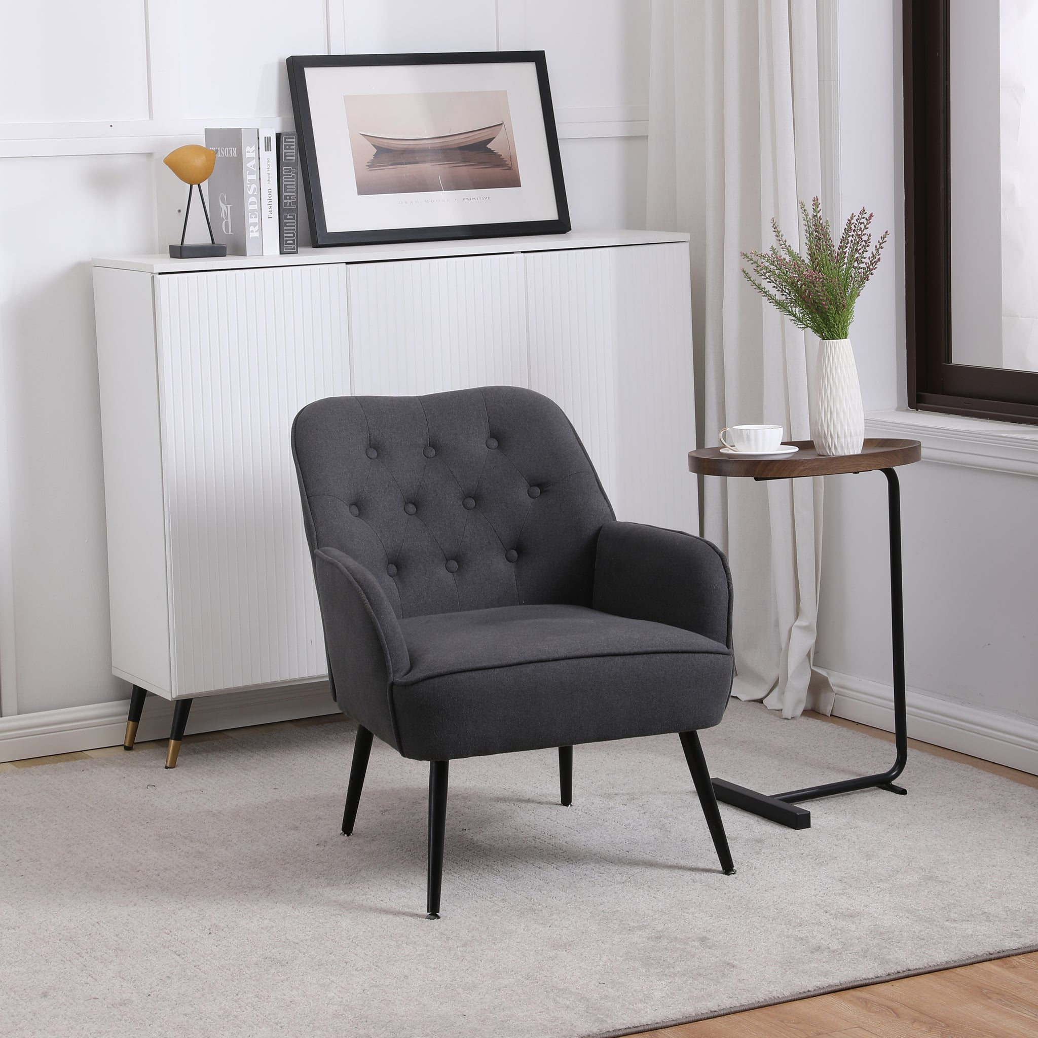 Modern Mid Century Chair Linen Sherpa Armchair For Living Room Bedroom Office Easy Assemble Dark Grey Dark Gray Primary Living Space Foam Linen