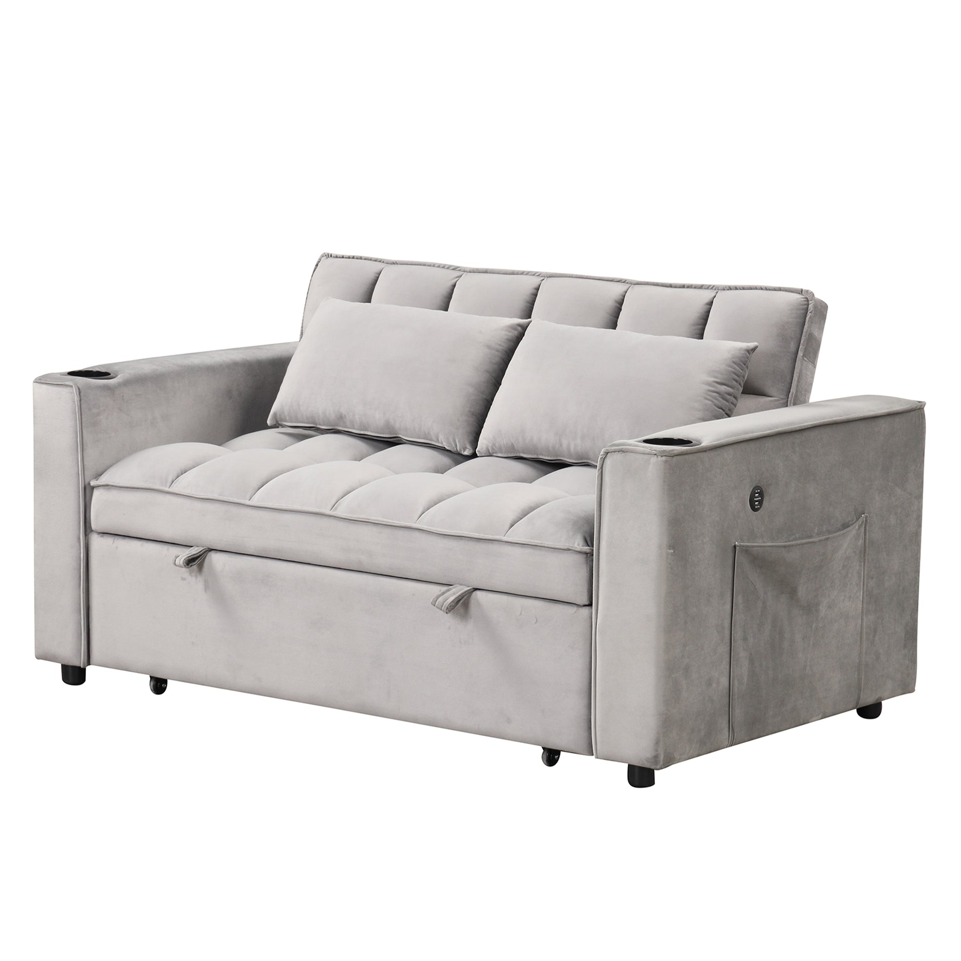 58" 4 1 Multi Functional Sofa Bed With Cup Holder And Usb Port For Living Room Or Apartments, Gray Gray Foam 2 Seat