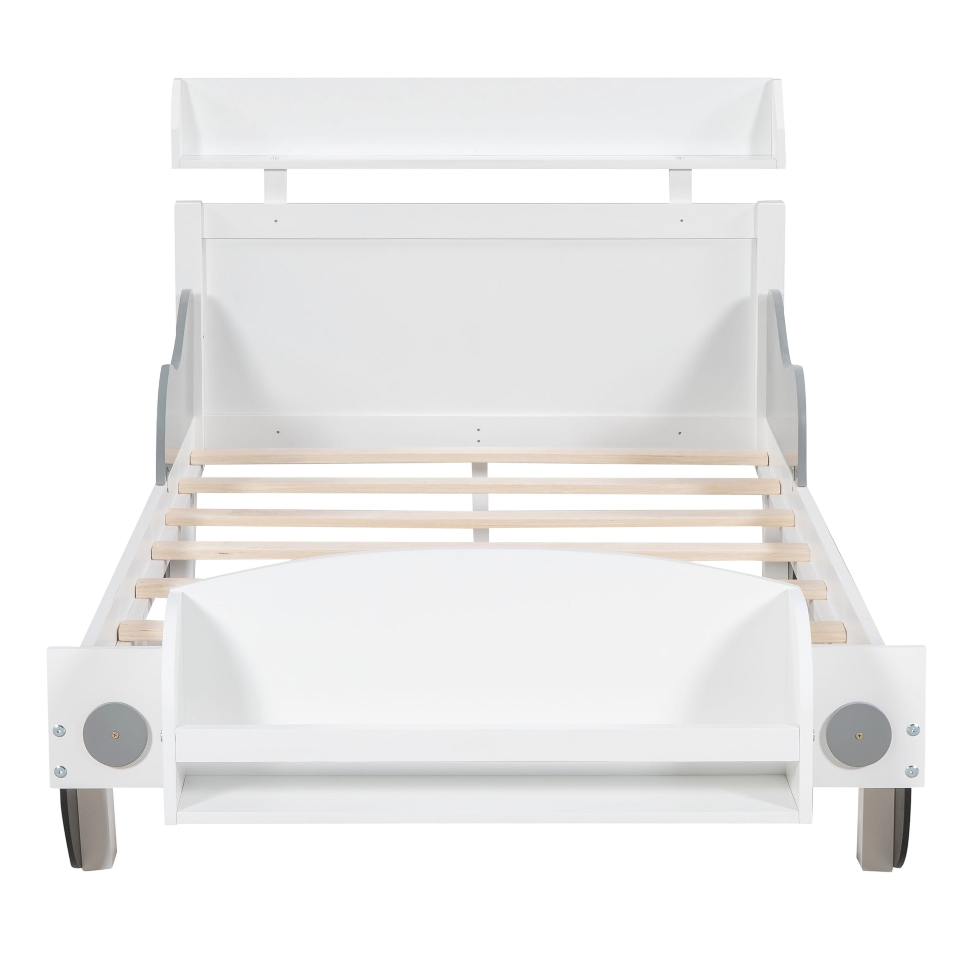Twin Size Car Shaped Platform Bed,Twin Bed With Storage Shelf For Bedroom,White White Wood