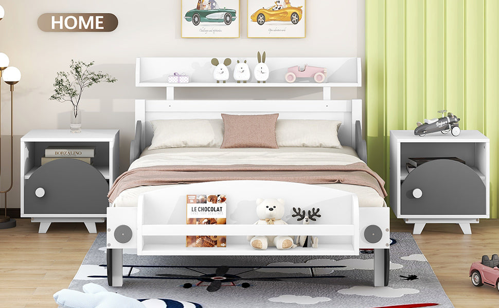 Twin Size Car Shaped Platform Bed,Twin Bed With Storage Shelf For Bedroom,White White Wood