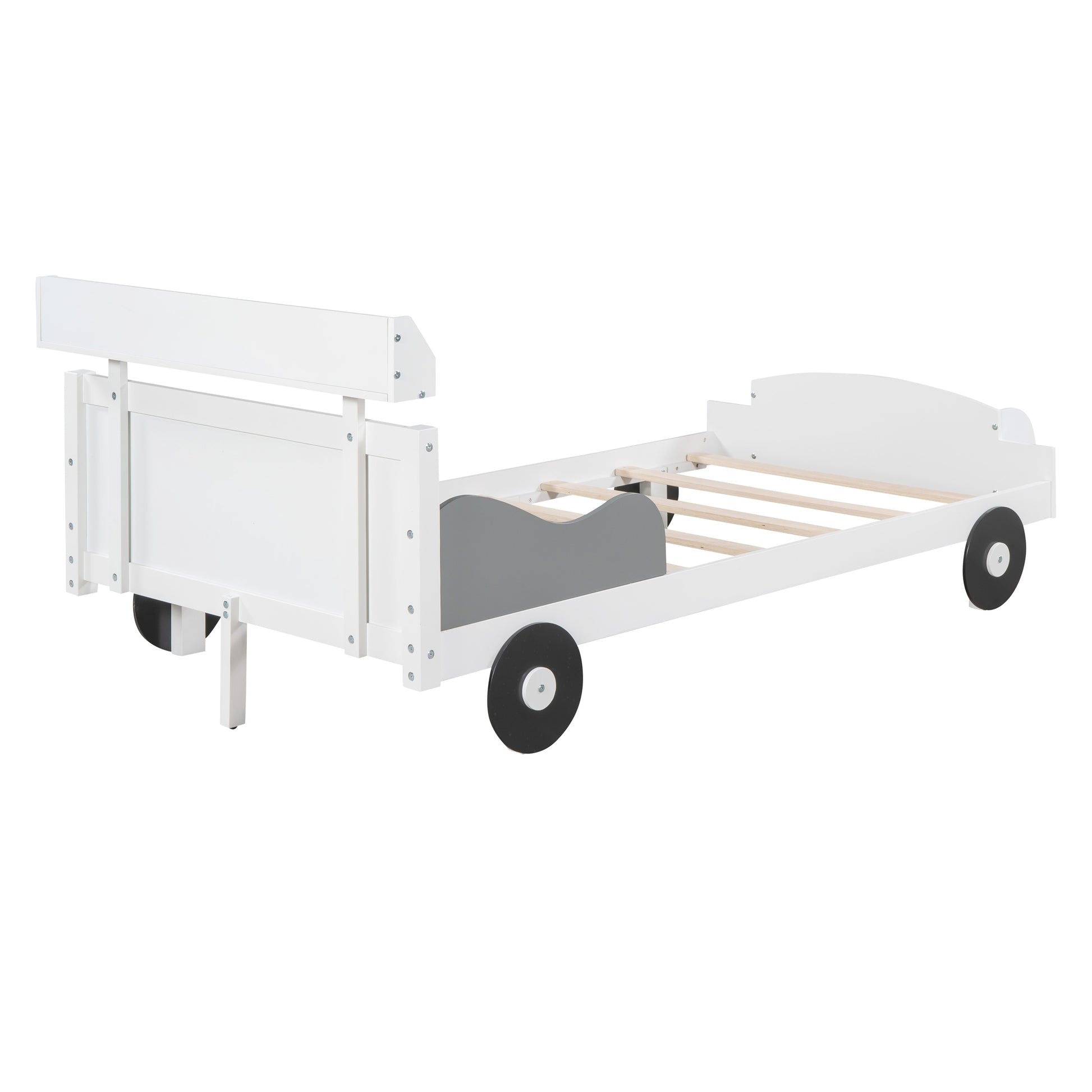 Twin Size Car Shaped Platform Bed,Twin Bed With Storage Shelf For Bedroom,White White Wood