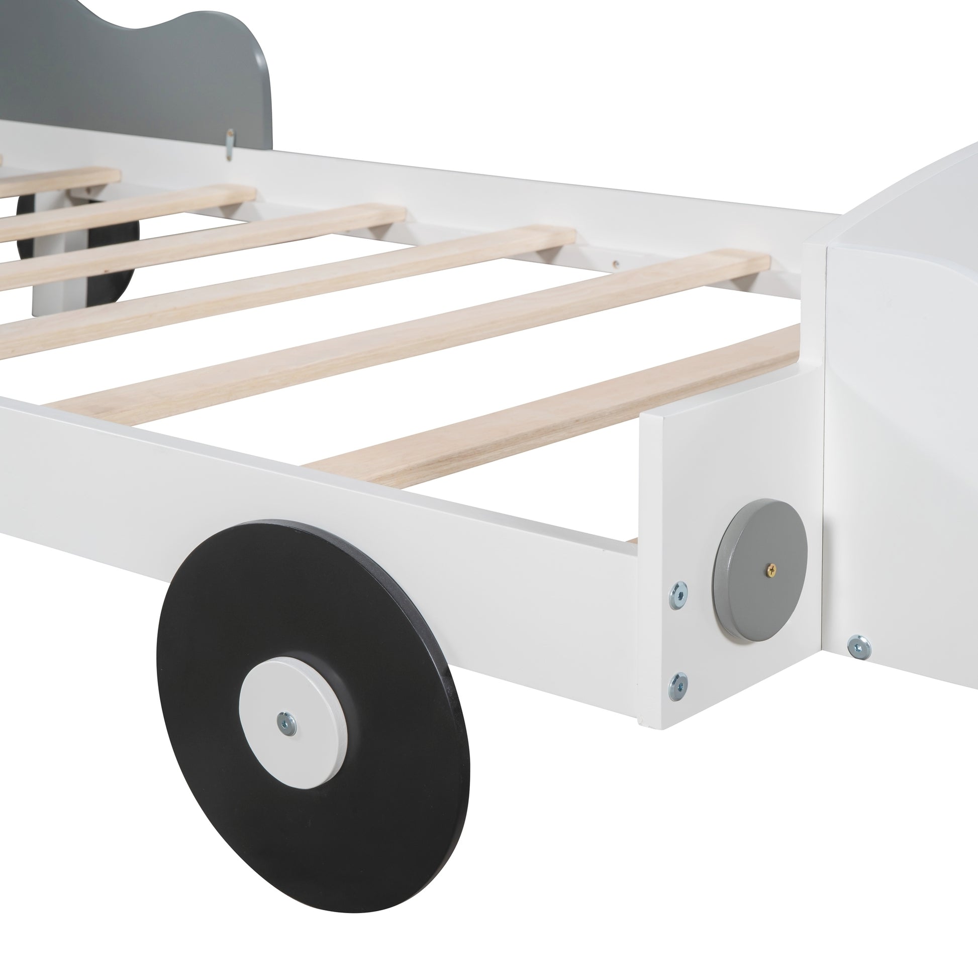 Twin Size Car Shaped Platform Bed,Twin Bed With Storage Shelf For Bedroom,White White Wood