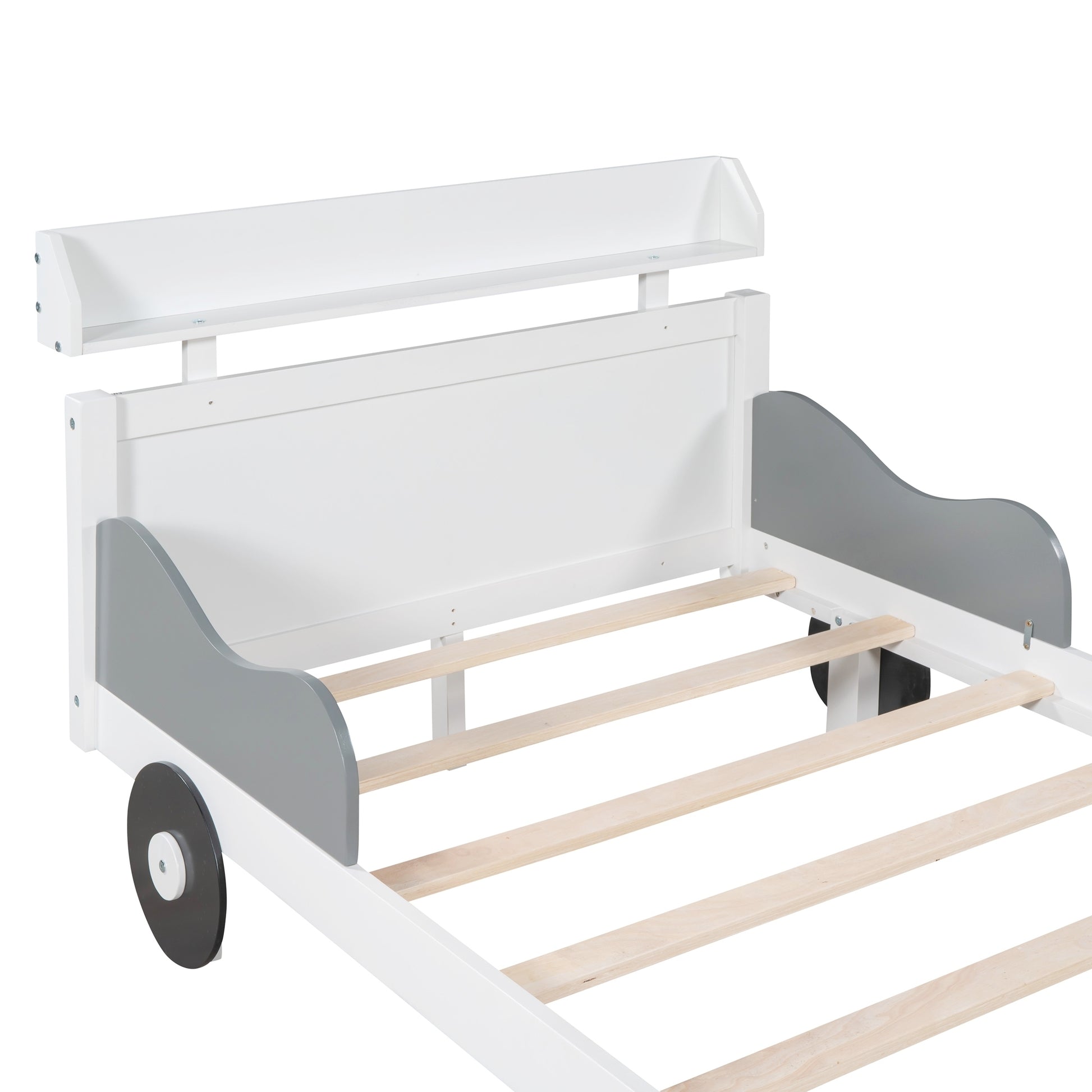 Twin Size Car Shaped Platform Bed,Twin Bed With Storage Shelf For Bedroom,White White Wood
