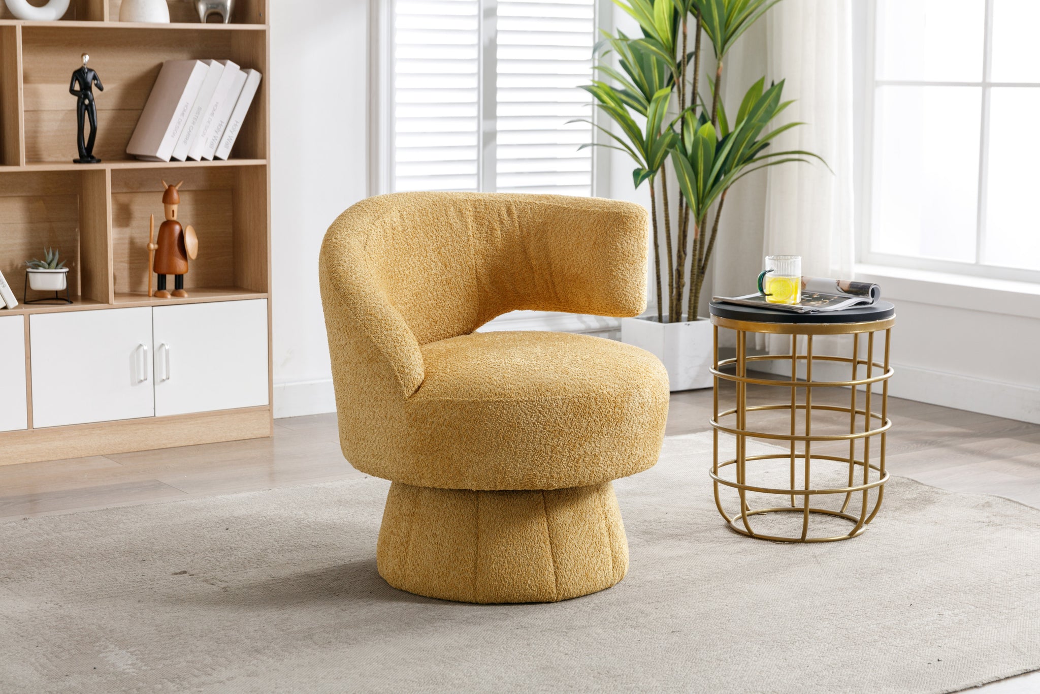 360 Degree Swivel Cuddle Barrel Accent Chairs, Round Armchairs With Wide Upholstered, Fluffy Fabric Chair For Living Room, Bedroom, Office, Waiting Rooms Yellow Foam Boucle