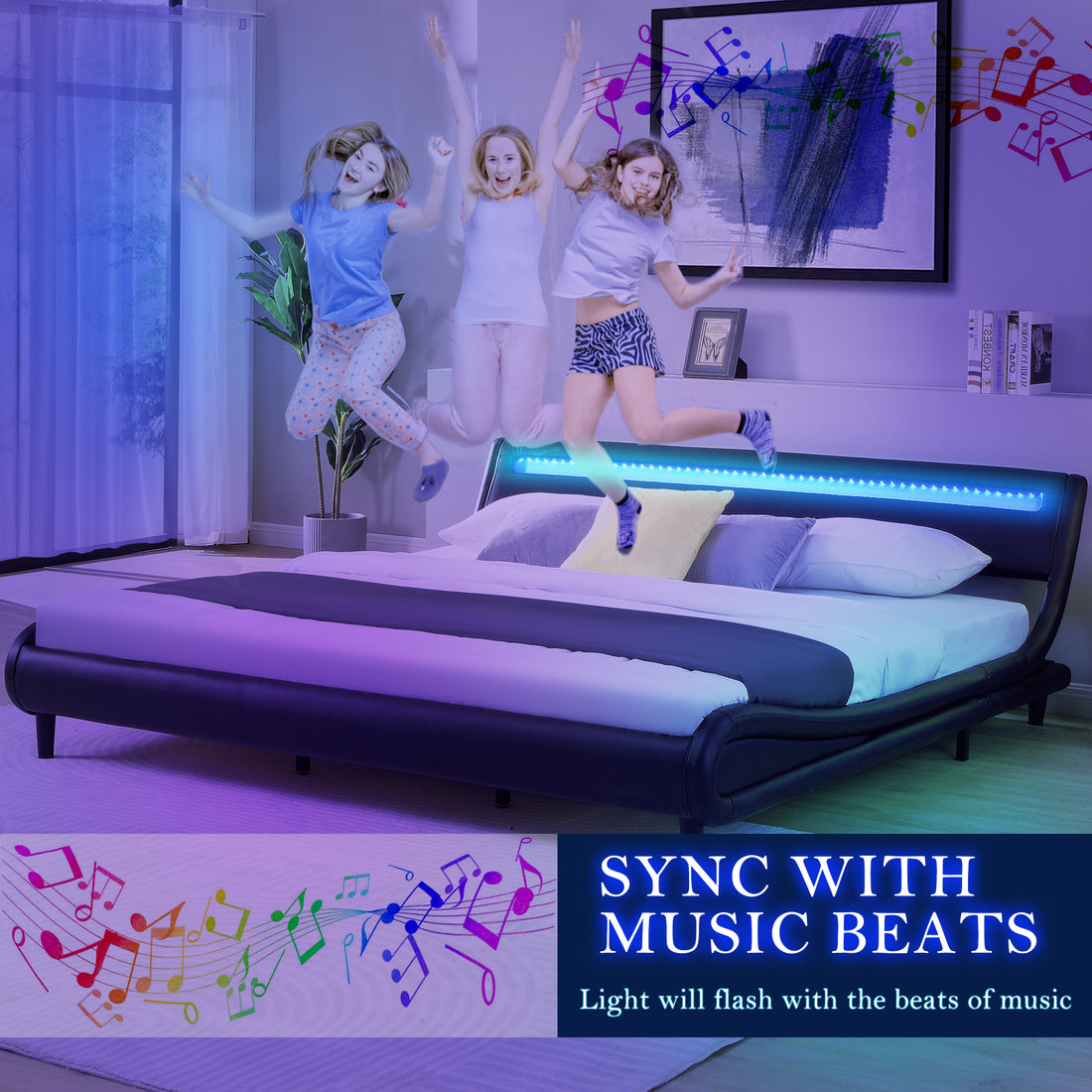 Modern Upholstered Platform Bed Frame With Led Lights Headboard, Faux Leather Wave Like Platform Bed Frame,Strong Wood Slats Support, Easy Assembly, Black, King Size Black Metal & Wood