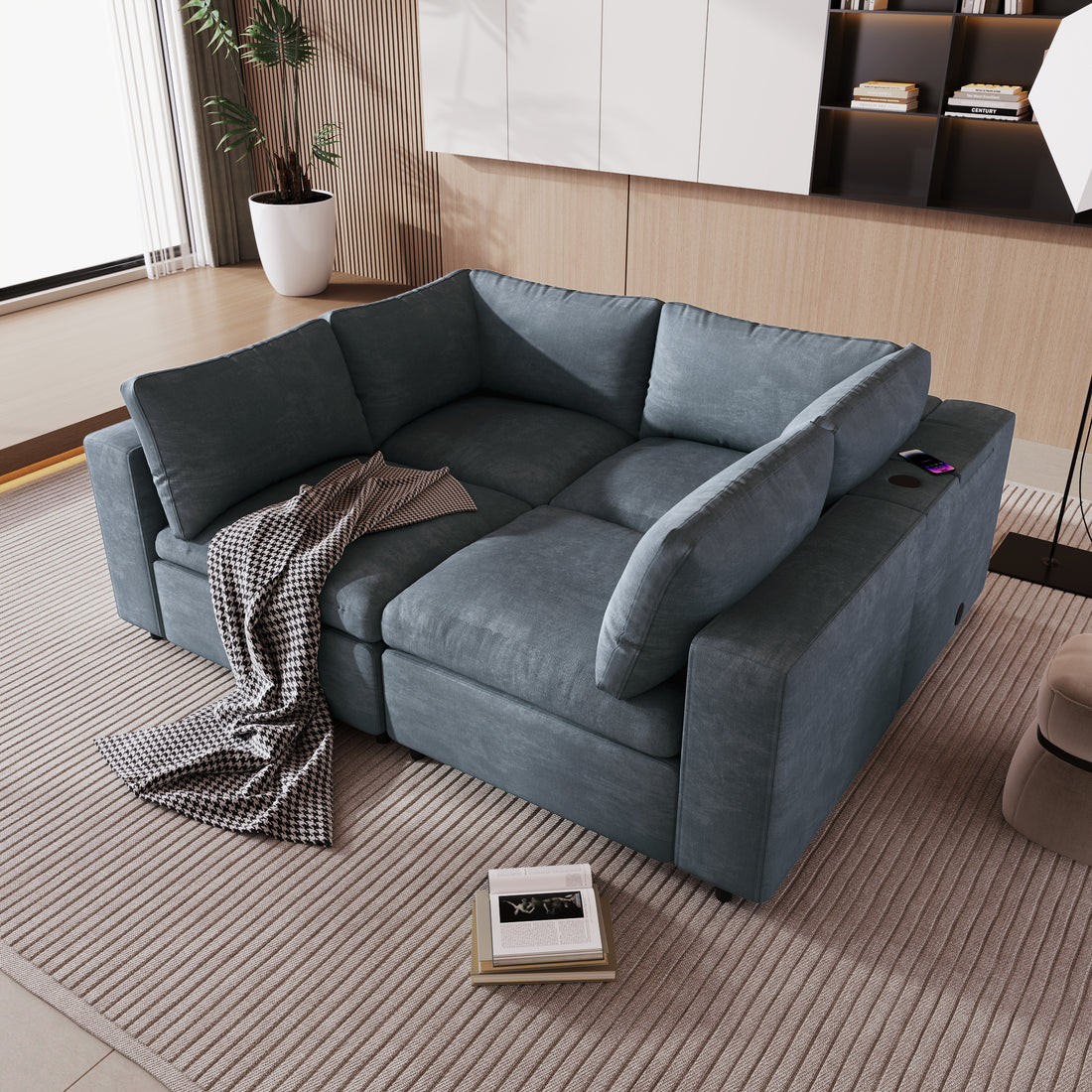 Upholstered Modular Sofa With Usb Charge Ports,Wireless Charging And Built In Bluetooth Speaker In Arm,Sectional Sofa For Living Room Apartment 4 Seater Gray Polyester 4 Seat