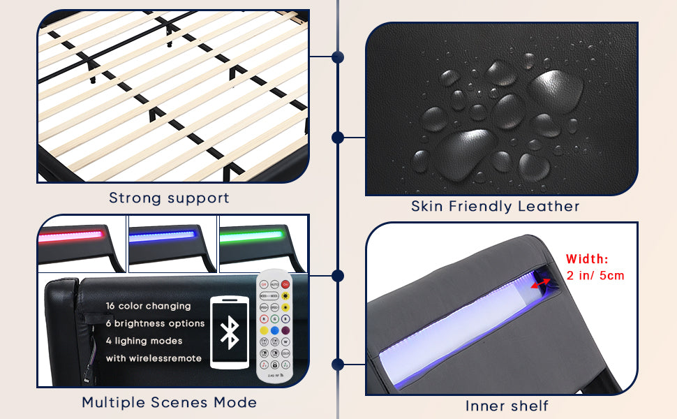 Modern Upholstered Platform Bed Frame With Led Lights Headboard, Faux Leather Wave Like Platform Bed Frame,Strong Wood Slats Support, Easy Assembly, Black, King Size Black Metal & Wood