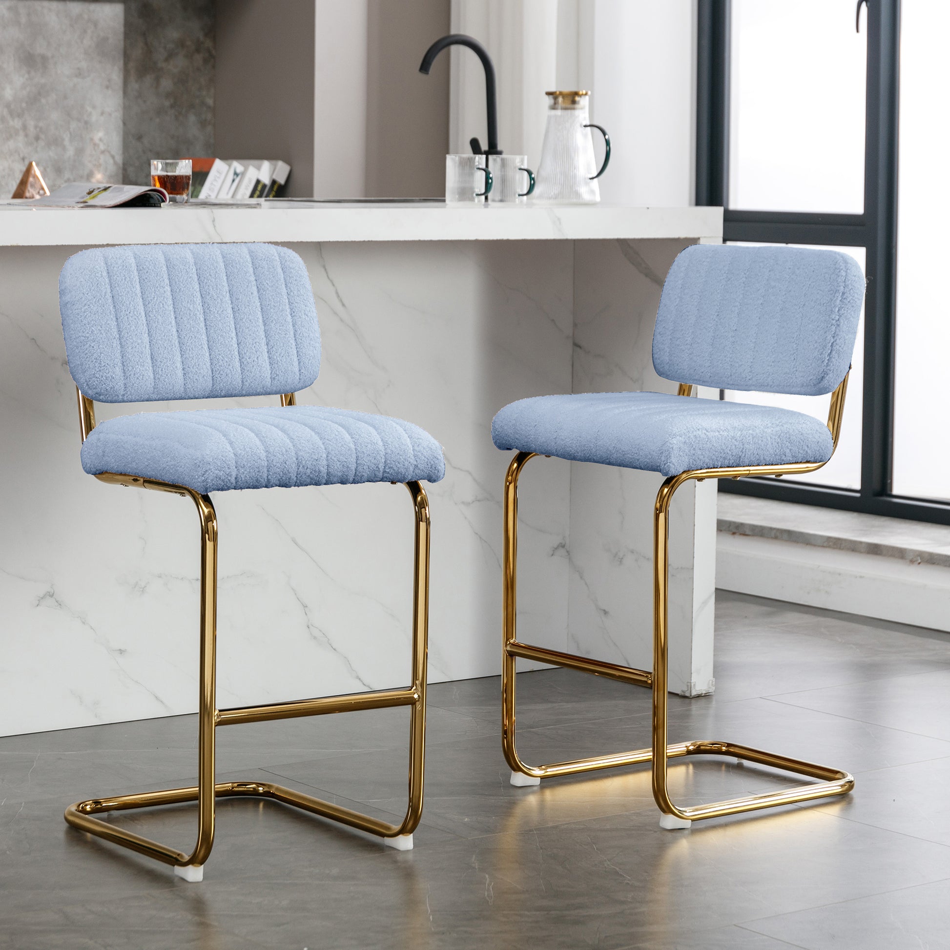 Mid Century Modern Counter Height Bar Stools For Kitchen Set Of 2, Armless Bar Chairs With Gold Metal Chrome Base For Dining Room, Upholstered Boucle Fabric Counter Stools, Blue Blue Faux Fur