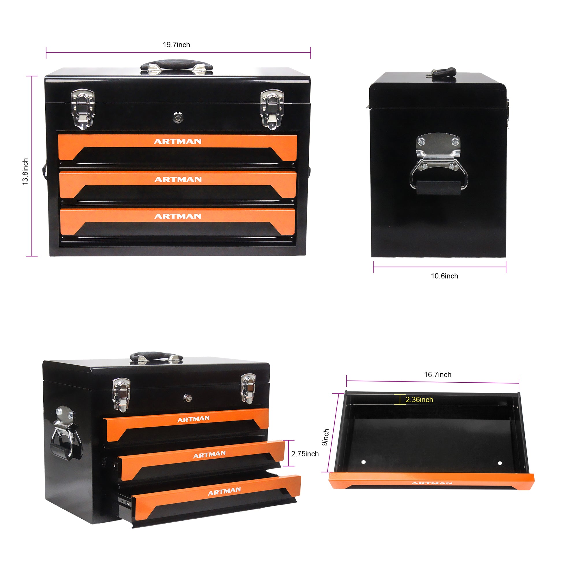 3 Drawers Tool Box With Tool Set Orange Orange Steel