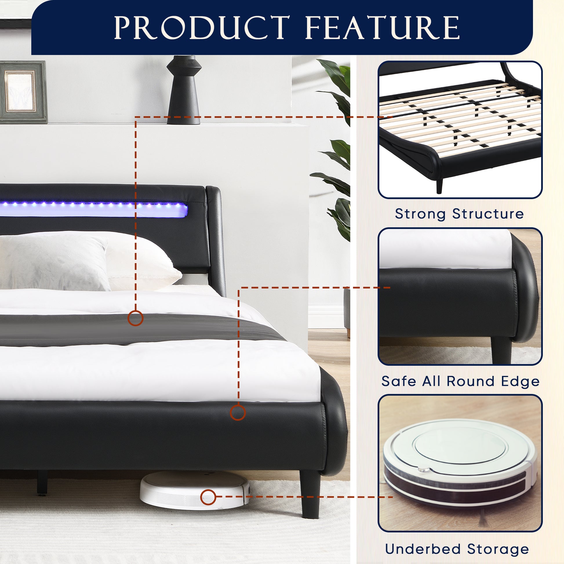 Modern Upholstered Platform Bed Frame With Led Lights Headboard, Faux Leather Wave Like Platform Bed Frame,Strong Wood Slats Support, Easy Assembly, Black, King Size Black Metal & Wood