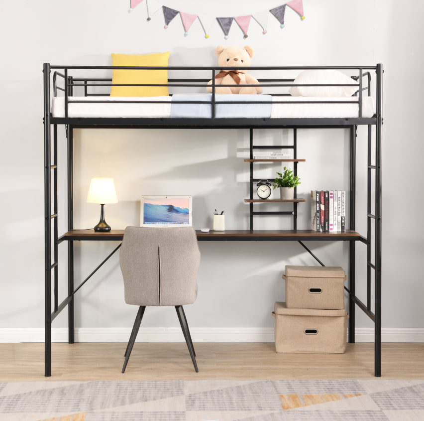 Metal Twin Loft Bed With Desk And Storage Shelves Black Mdf Steel