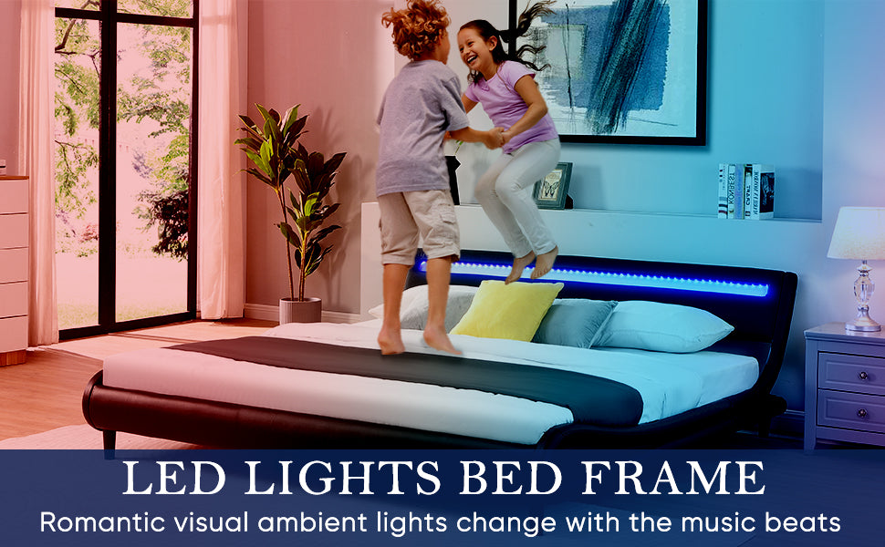 Modern Upholstered Platform Bed Frame With Led Lights Headboard, Faux Leather Wave Like Platform Bed Frame,Strong Wood Slats Support, Easy Assembly, Black, King Size Black Metal & Wood