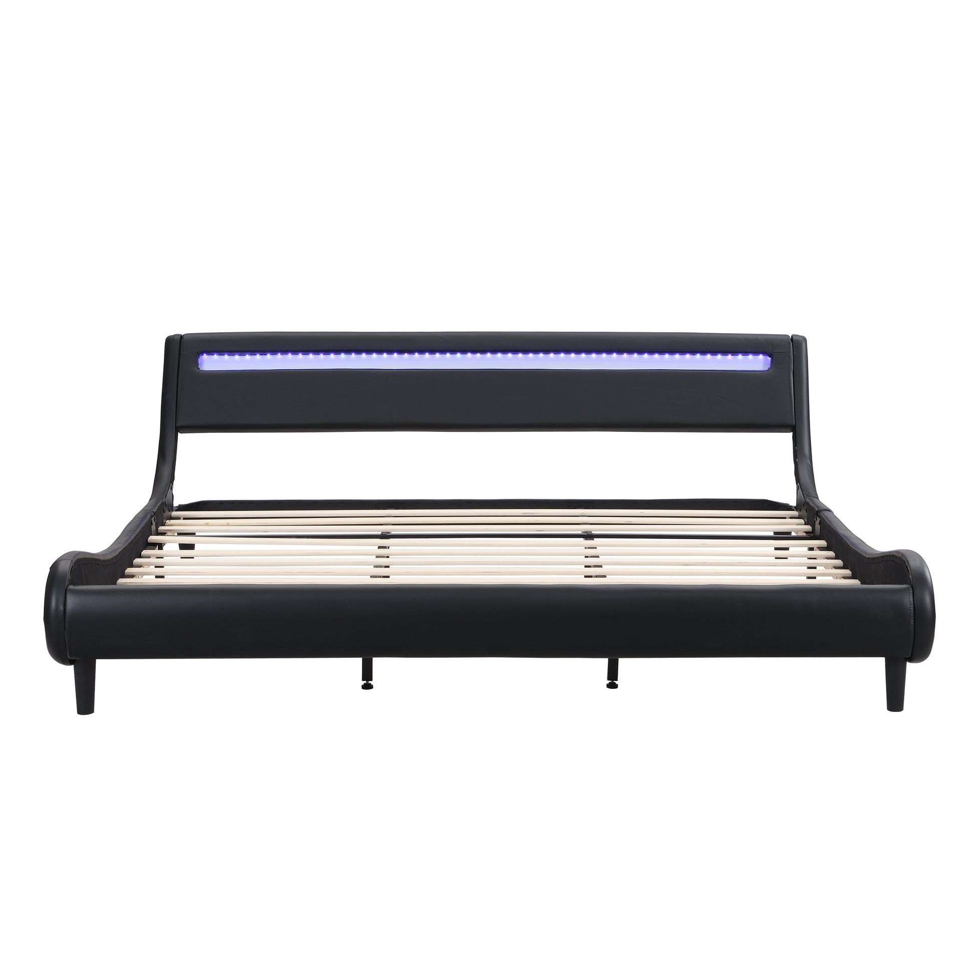 Modern Upholstered Platform Bed Frame With Led Lights Headboard, Faux Leather Wave Like Platform Bed Frame,Strong Wood Slats Support, Easy Assembly, Black, King Size Black Metal & Wood